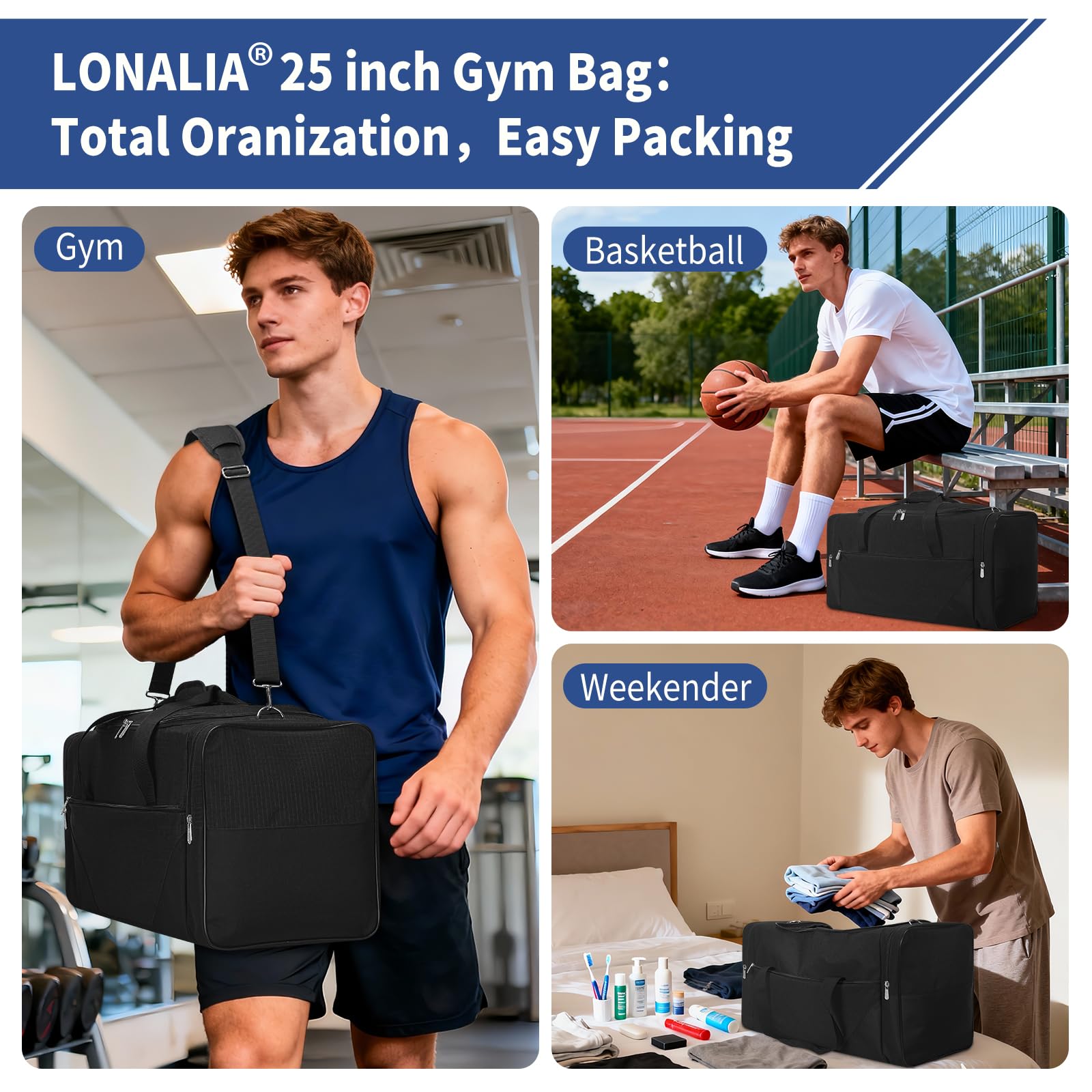 Duża 54L Torba Sportowa Męska - Torba Podróżna, Torba Treningowa na Gym, Weekendowa do Fitness (Czarny)