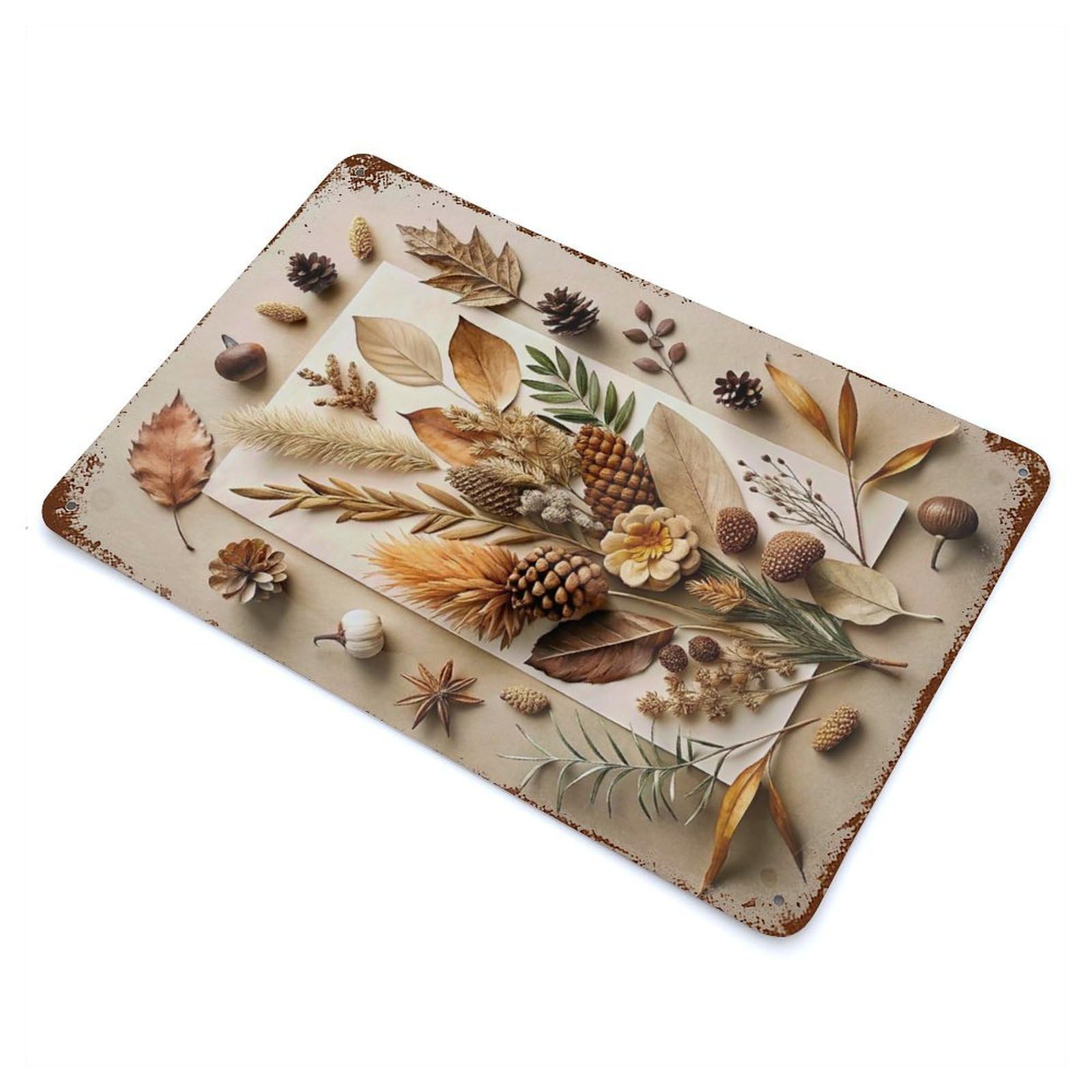 Decorative Tin Sign with Autumnal Still Life with Natural Elements Design 11.8"x7.9", for Garage, Bar And Workshop Decor, Farmhouse Wall Decor