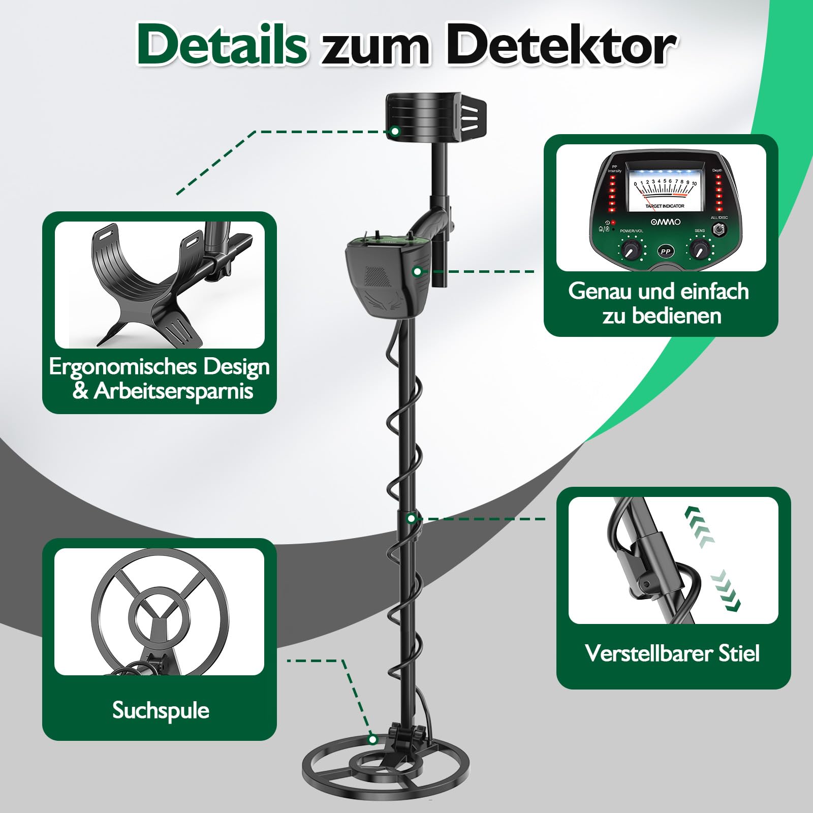 OMMO Detector de Metales Profesional para Adultos y Niños, Pinpointer Detector de Metales Recargable por USB, 3 Modos, Alta Precisión, Bobina Impermeable IP68, Metal Detector con Auriculares, Verde