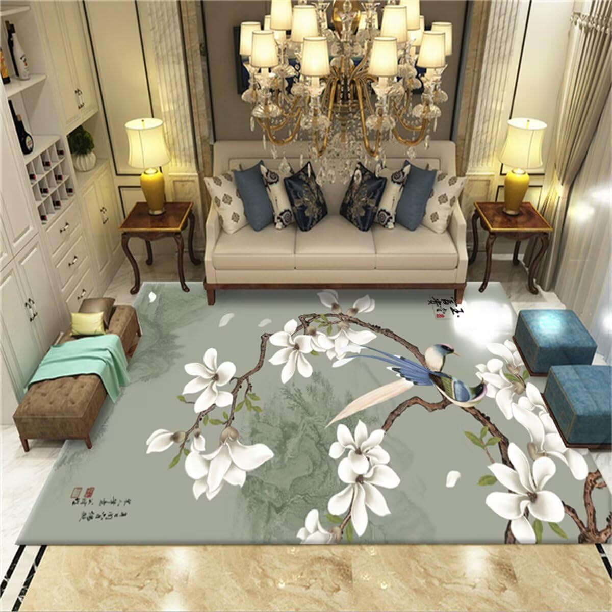 Tapis vert 100x160cm tout doux style fleurs orientales pour couloir et chambre