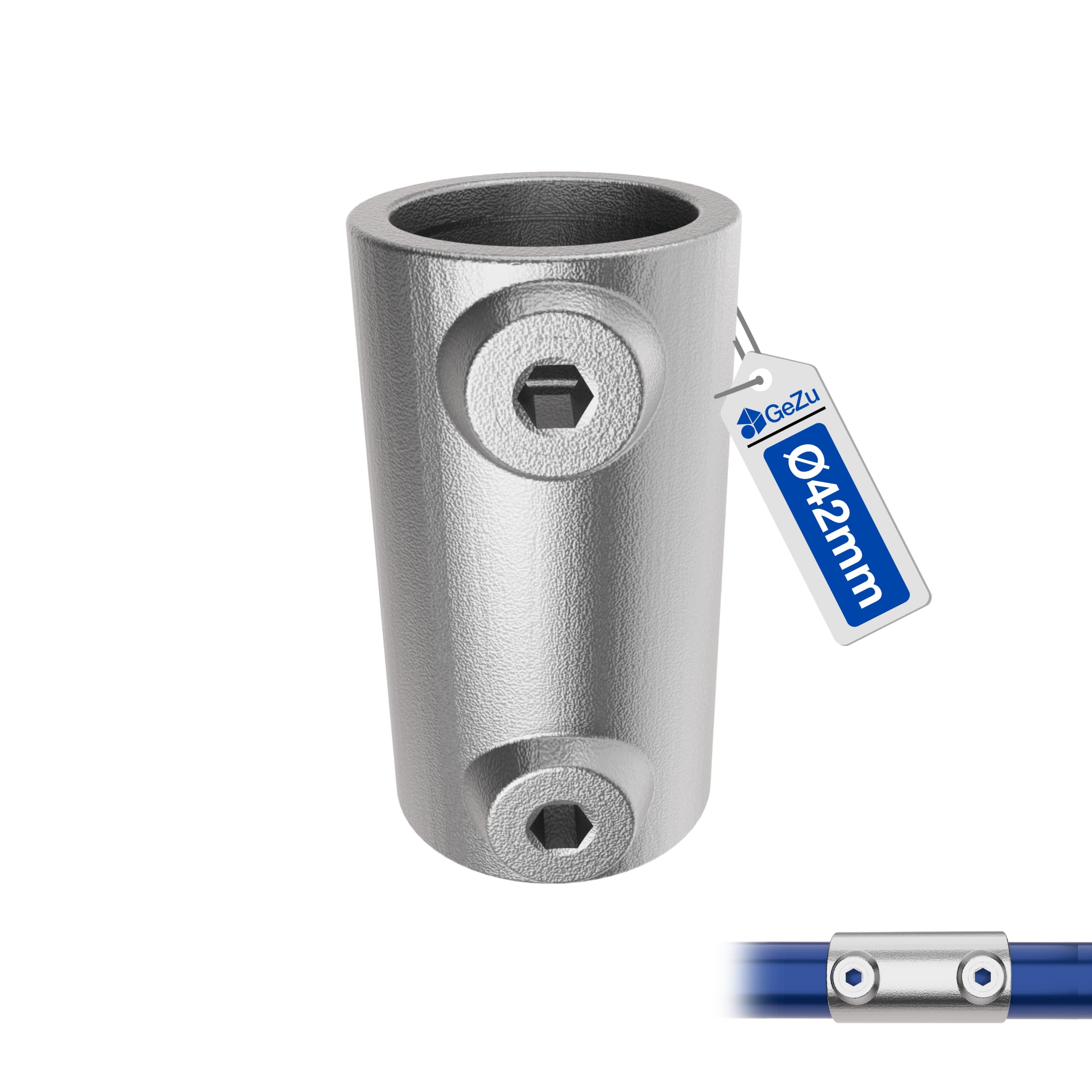 GeZu Impex Inline External Tube Connector Ø 42 mm Hot Dip Galavinsed Silver External Joiner Key Clamp Pipe Fitting Straight Connector