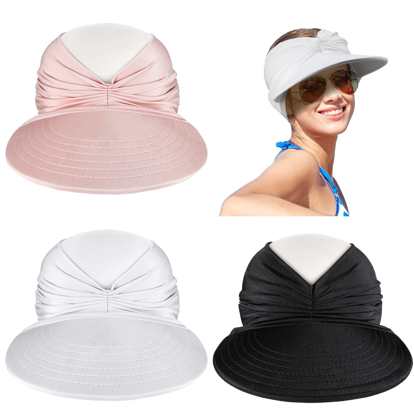 Janmercy3 Pcs Women's Sun Visor Hat Sun Beach Visor Cap UV Protection Tennis Visors for Women Wide Brim Visor for Women Summer Sports Beach Golf Hiking Fishing Outdoor, Black, White, Red, One size