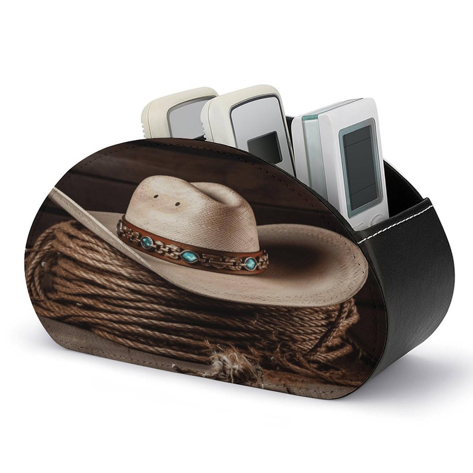 VstaDank American West Rodeo Hat Remote Control Holder Farmhouse TV Media Remote Storage Box with 5 Compartments PU Leather Remote Caddy Desktop Organizer for Home Bedside Table Organizer
