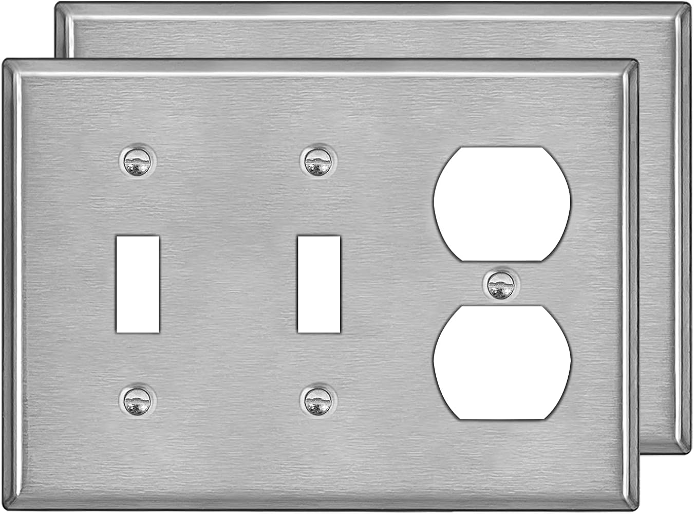 [2 Pack] BESTTEN 3-Gang Combo Metal Wall Plate with Protective Film, 1-Duplex/2-Toggle, Standard Size, Corrosion-Resistant Stainless Steel Outlet and Switch Cover, Brushed Finish, Silver
