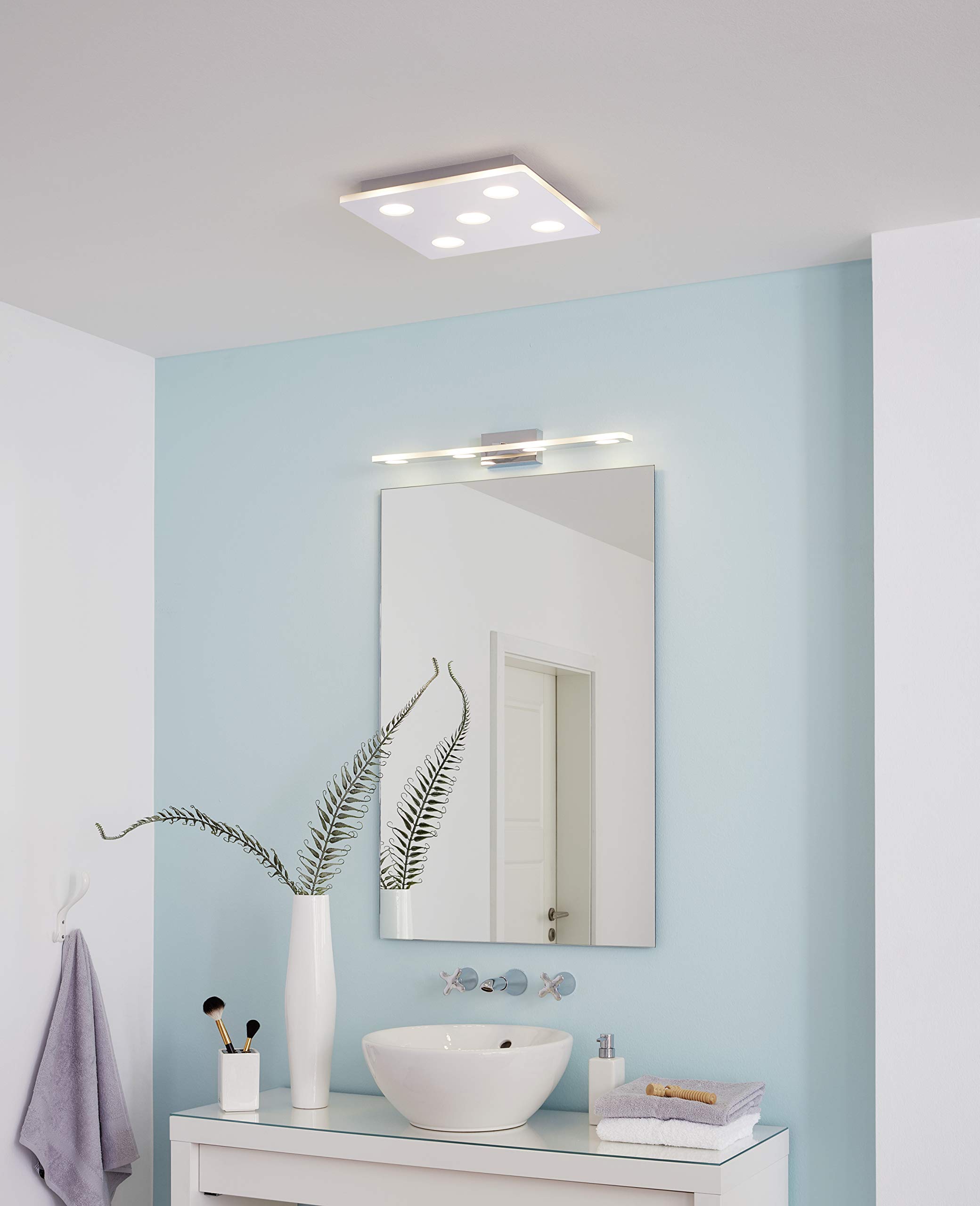 Eglo LED aplique de pared Cabus, lámpara de pared, luz LED para espejo | de metal y plástico satinado, lámpara para baño en cromo, luz LED para zonas húmedas luz cálida, IP44, L 58 cm