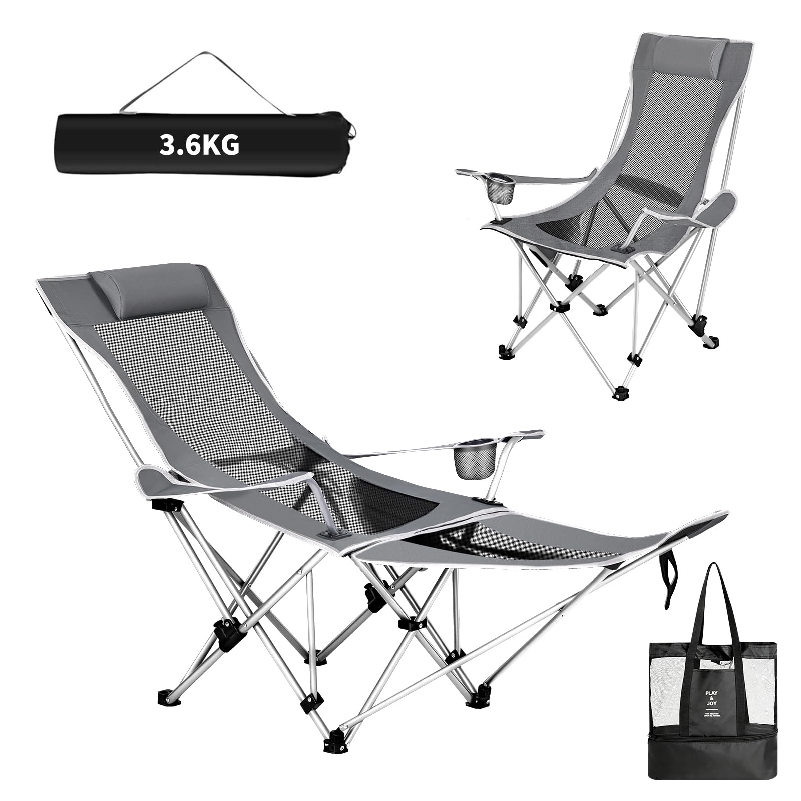 Sedia da campeggio pieghevole 2 in 1 da 180 kg con poggiapiedi, sedia da spiaggia con schienale regolabile in 4 modi,