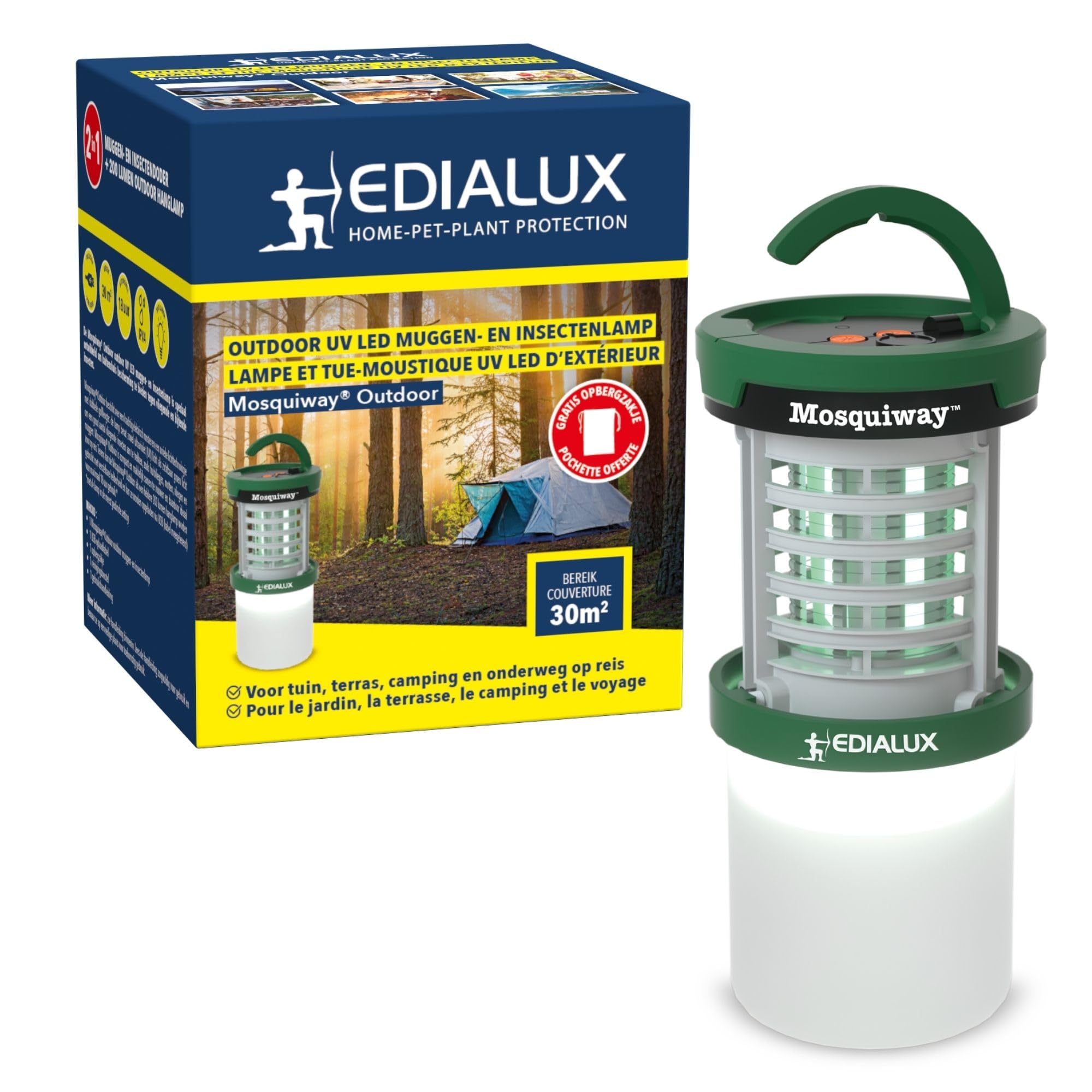 Edialux LED UV Insektenvernichter für außen, tragbare Mückenlampe mit Hochspannungsnetz, wasserdichter Bug Zapper, USB aufladbar, mit Aufhängehaken, für Garten Terrasse Camping und 30 m²