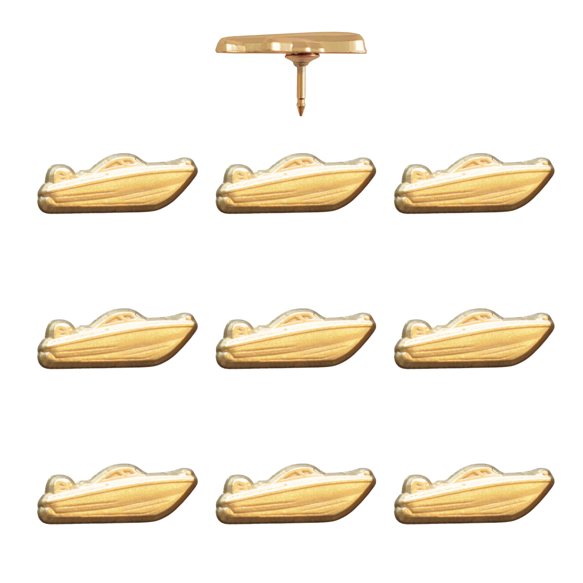 Motor Boat Push Pins - Gold Speedboat Map Pins for Cork Boards, Maps, or Lapel Use - Designed in USA - Set of 10