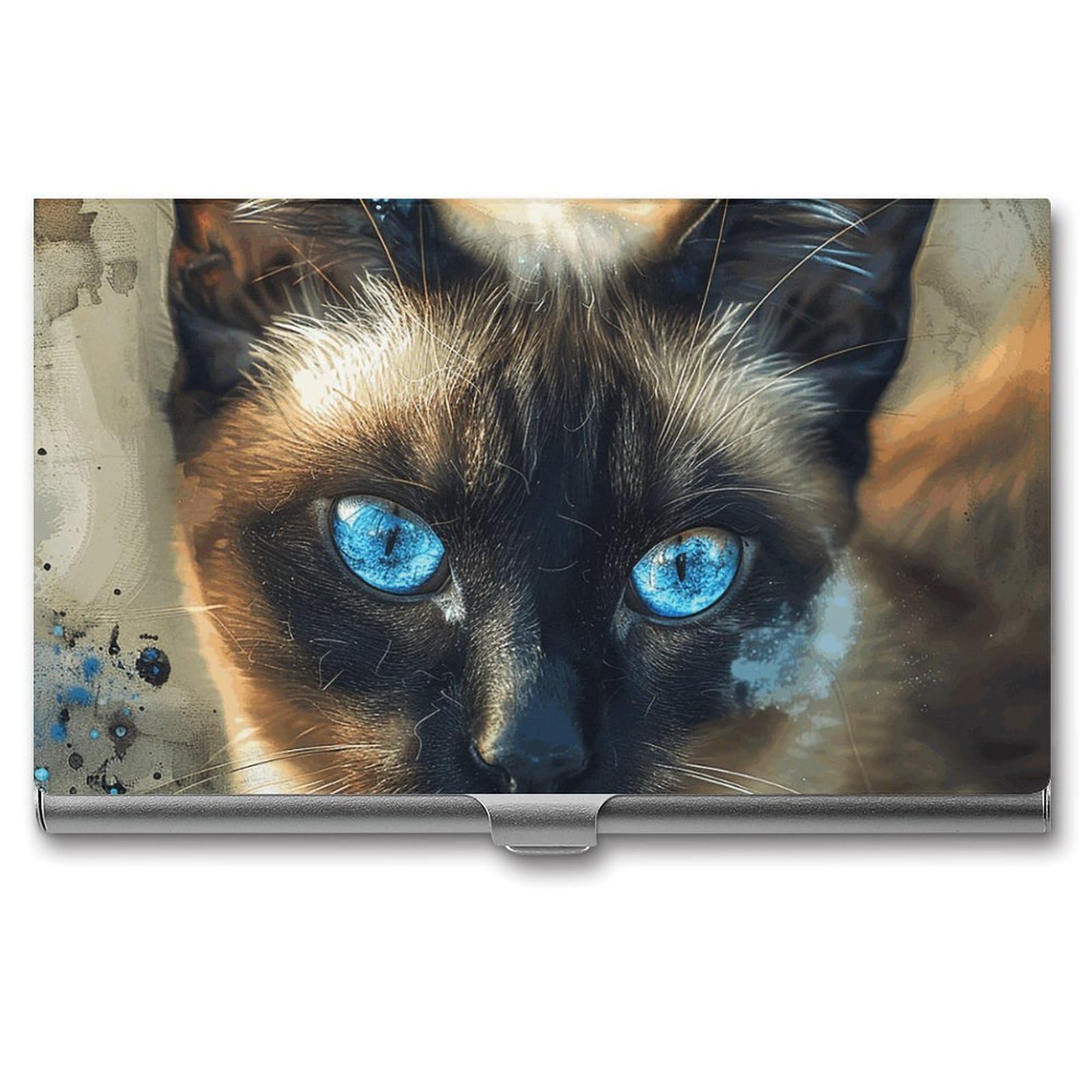 QWJKM Siamese Cat Art Business Card Holder Professional Aluminum Alloy Business Card Box Ultra-Thin Metal Business Card Organizer for Men Women Office