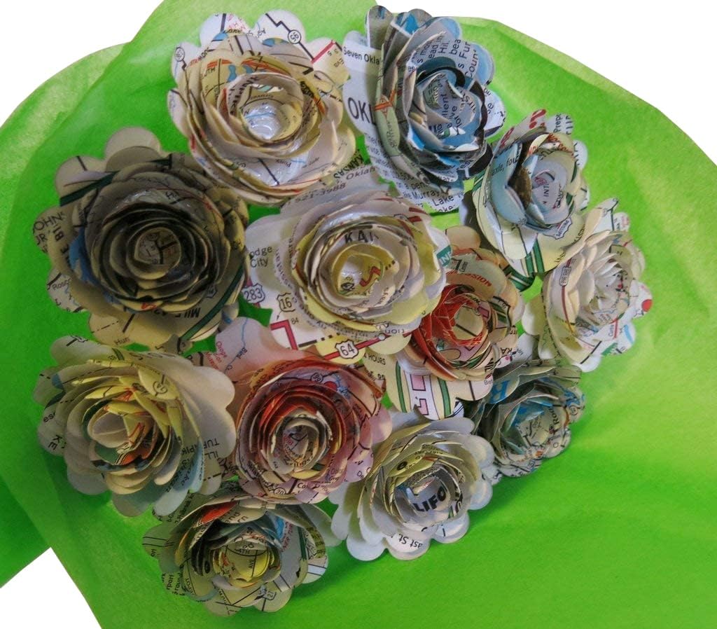 Scalloped Quilled Vintage Road Map Paper Rose Bouquet – One Dozen 3D Flowers on Stems