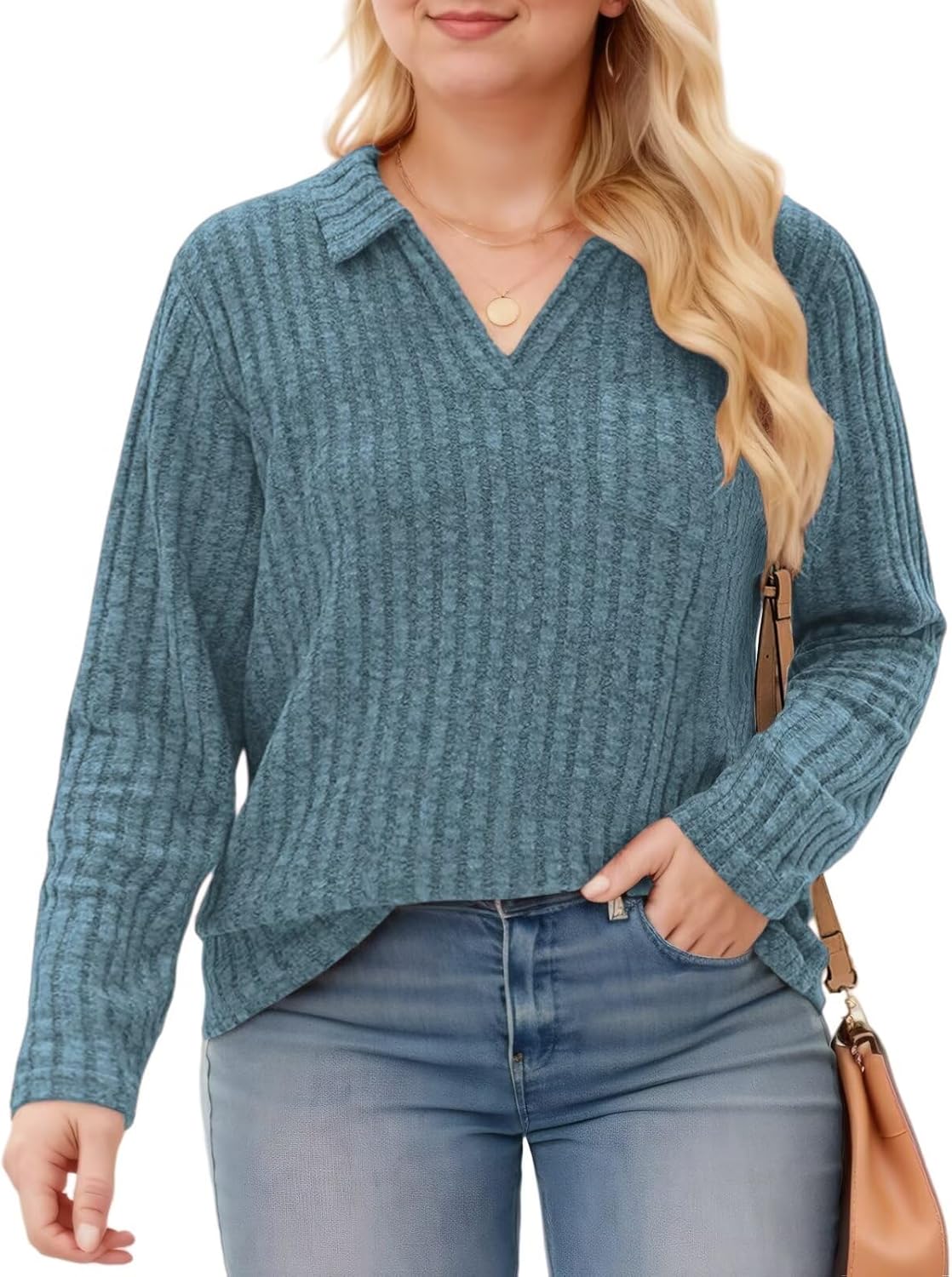 VISLILY Womens-Plus-Size-Tops Collared V Neck Polo Shirts Lightweight Long Sleeve Sweaters Trendy Pocket Decor Tunic Blouses - Image 2