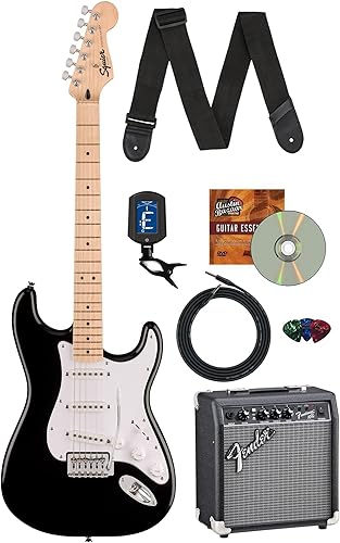 Vista 76 de Fender Squier Sonic Stratocaster HSS - Paquete negro con amplificador, sintonizador, correa, cable, púas y DVD de guitarra Austin Bazaar
