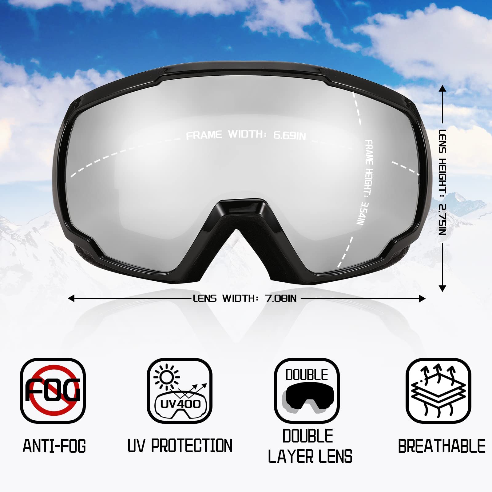 FEISEDY Maschere da Sci OTG Occhiali da Snowboard, Anti Nebbia B2960 | Protezione UV400, per Uomo Donna, Adatto Motoslitta, di Fondo e Altri Sport Invernali