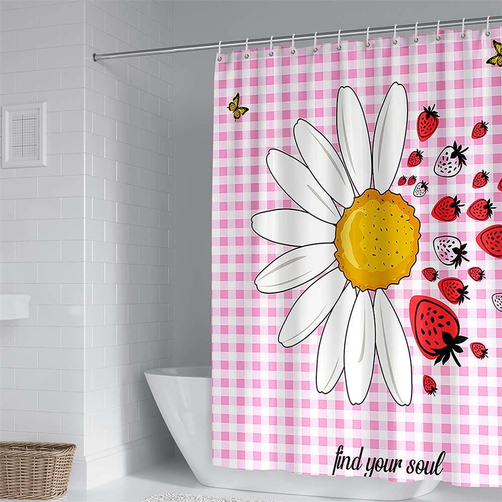 Tenda Da Doccia Antimuffa Con Margherite Rosse 3D | Impermeabile E Lavabile In Poliestere 120x180cm Con 12 Ganci Inclusi