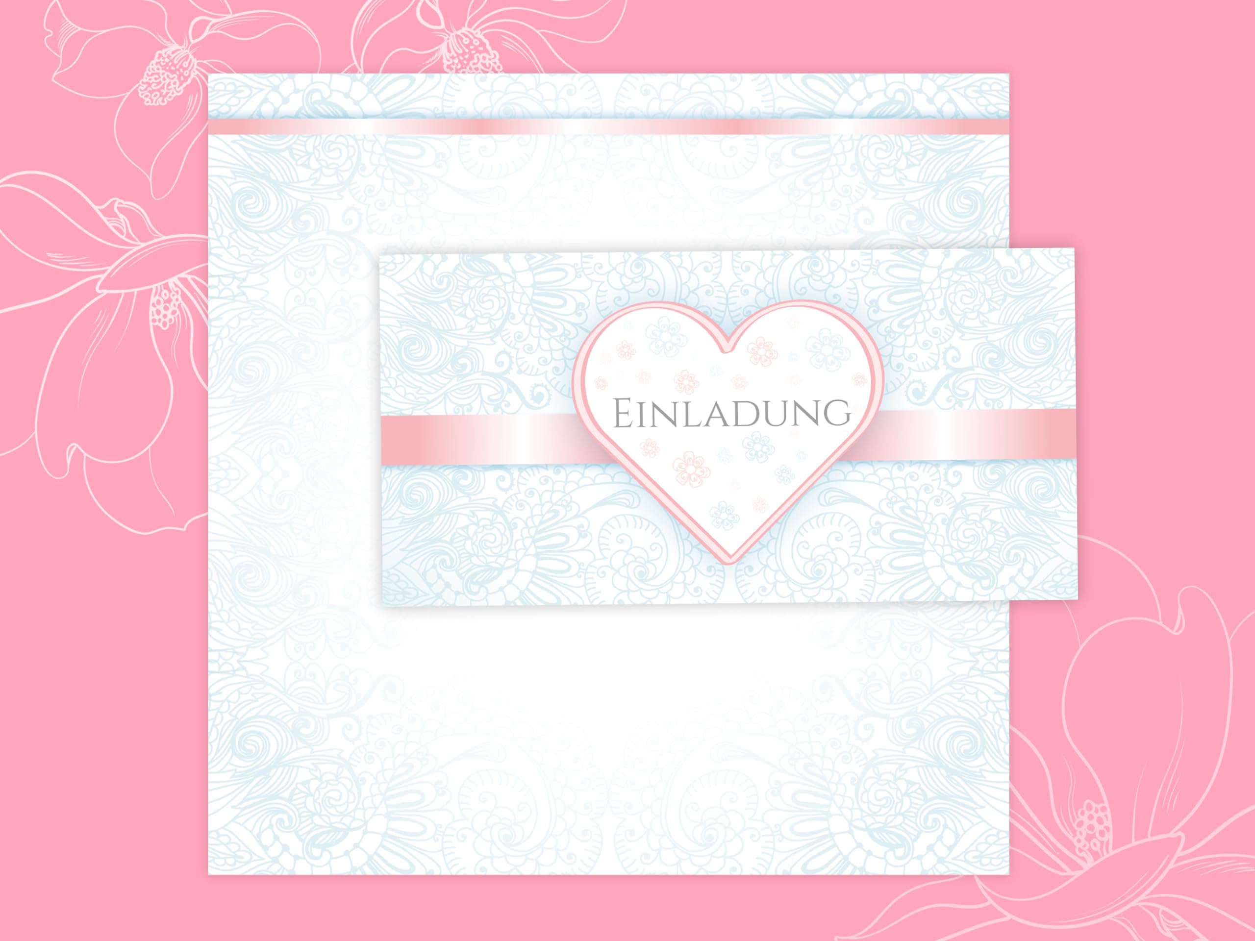 250 Einladungskarten für Hochzeit, Standesamt, Geburtstag, Konfirmation, Kommunion, Jugendweihe, Taufe, Geburtstag Jubiläum. Klappkarten DIN lang (21 x 10,5 cm). Design mit elegantem Ornament und Herz