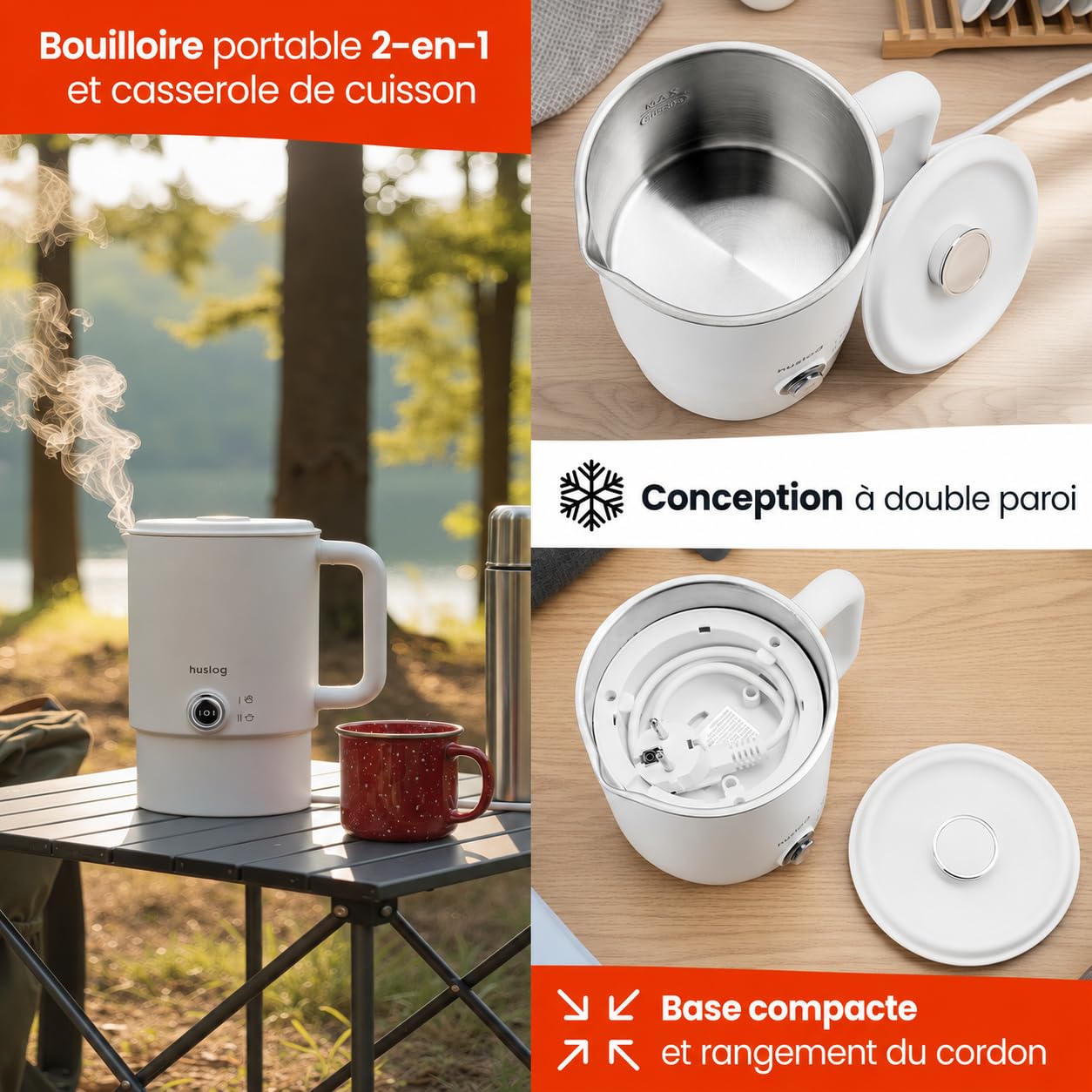 Bouilloire Électrique de Voyage Pliable 2 en 1 0,8L 650W Acier Inoxydable 304 Double Paroi Base 360°