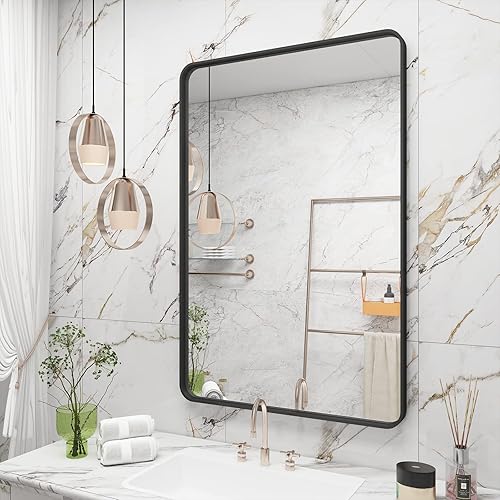 24x36 Black Bathroom Mirror for Wall, Matte Metal Framed Rectangle Vanity Mirror, Rounded Corner, Shatterproof, Anti-Rust (Horizontal/Vertical)