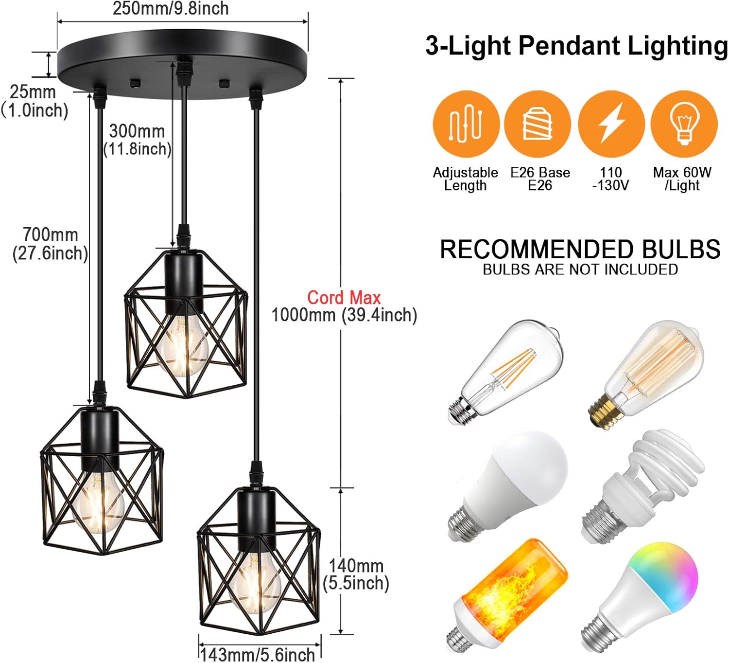 Industrial 3-Light Pendant Lighting, Adjustable Hanging Light Fixtures, Vintage Farmhouse Pendant Light with Metal Caged E26 Base for Kitchen Island Dining Room Living Room Hotel Shop and Bar, Black - - 