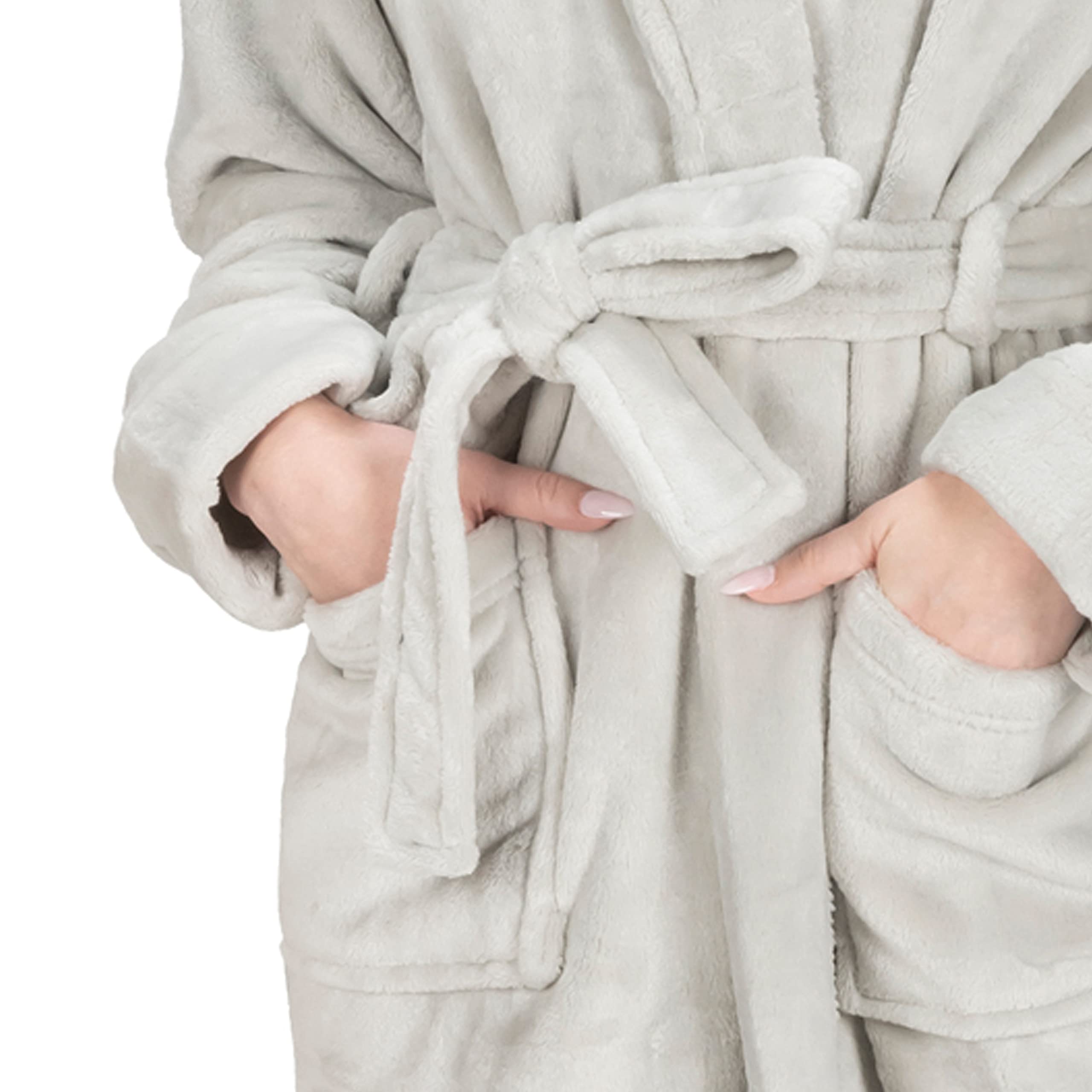 MONHOUSE Womens Dressing Gown - Premium Super Soft & Cosy Long Bathrobe - Ladies Thick Flannel Luxury Housecoat - Warm Fluffy Shearling Spa Robe for Her - Sherpa Bathrobe - Silver - UK 12-14