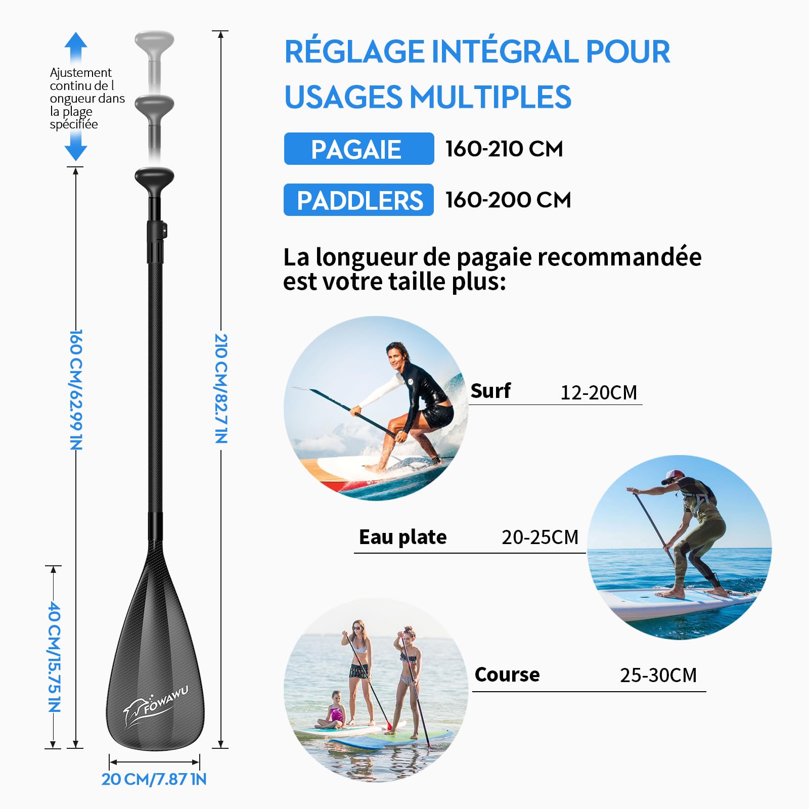 FOWAWU Aluminium Rame Pagaie, Pagaie 3 pièces pour Sup Planche à pagaie Debout - pour Planche Gonflable - 1.77 lbs(804g) Léger & Résistant (Taille 160–210 cm)