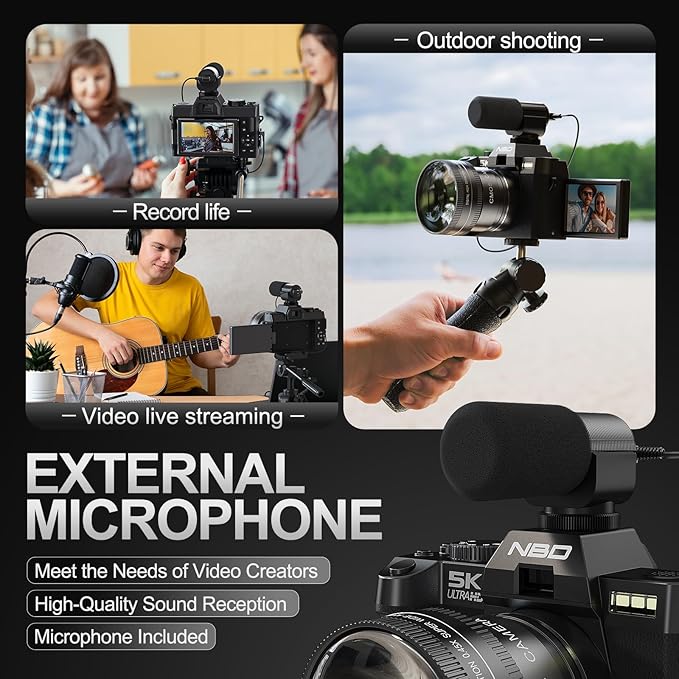 5K Digital Cameras for Photography,48MP Camara Fotograficas,Travel Vlogging Cameras for YouTube with 16X Digital Zoom,180°Flip Screen,52mm Macro Lens,2 Batteries,32GB SD Card（Black）