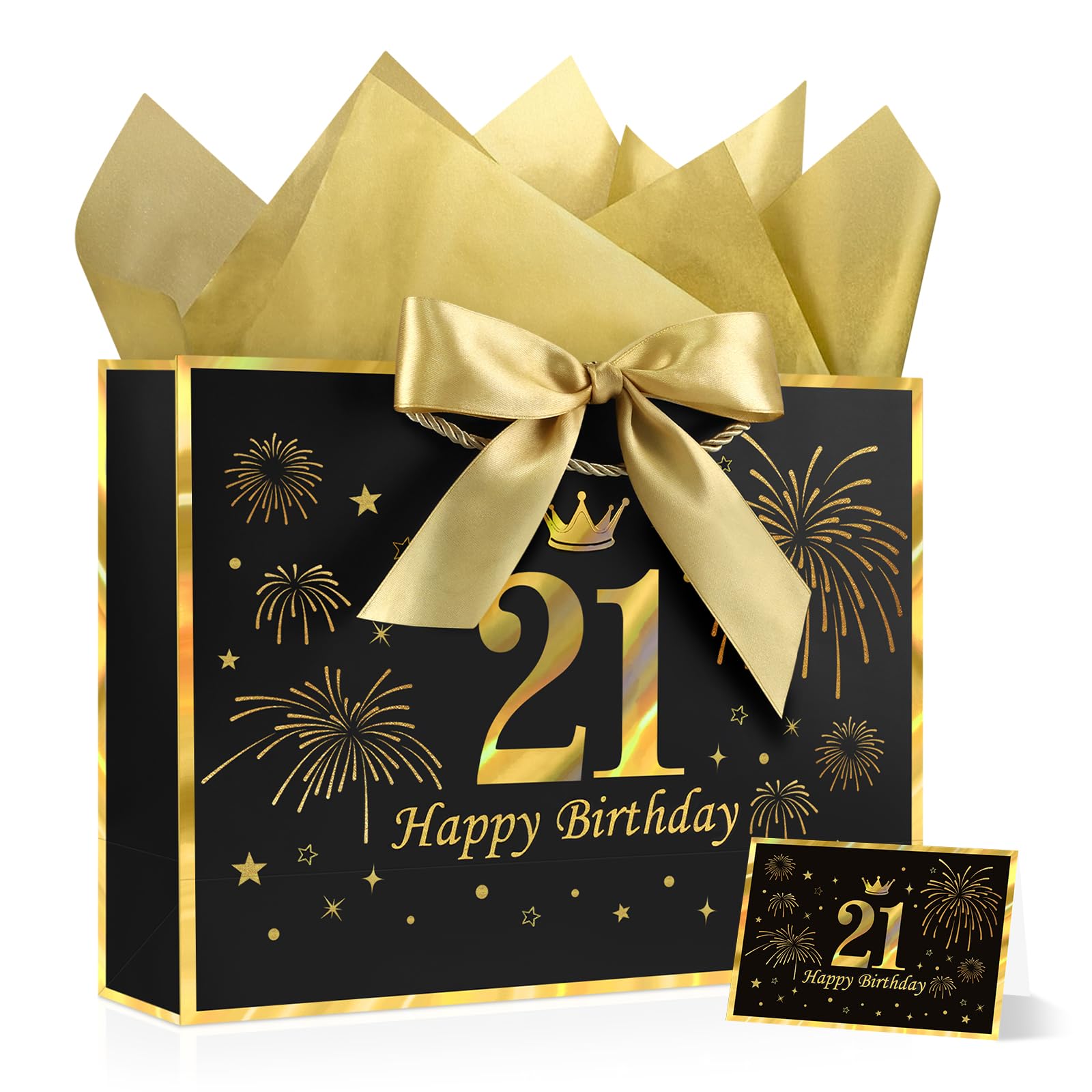 JMANNI Black Gold 21st Birthday Gift Bag with Card and Tissue Paper, 12.6"×9.84"×3.9" Elegant Present Bag for Adults, 21 Year Old Birthday Keepsake Party Supplies