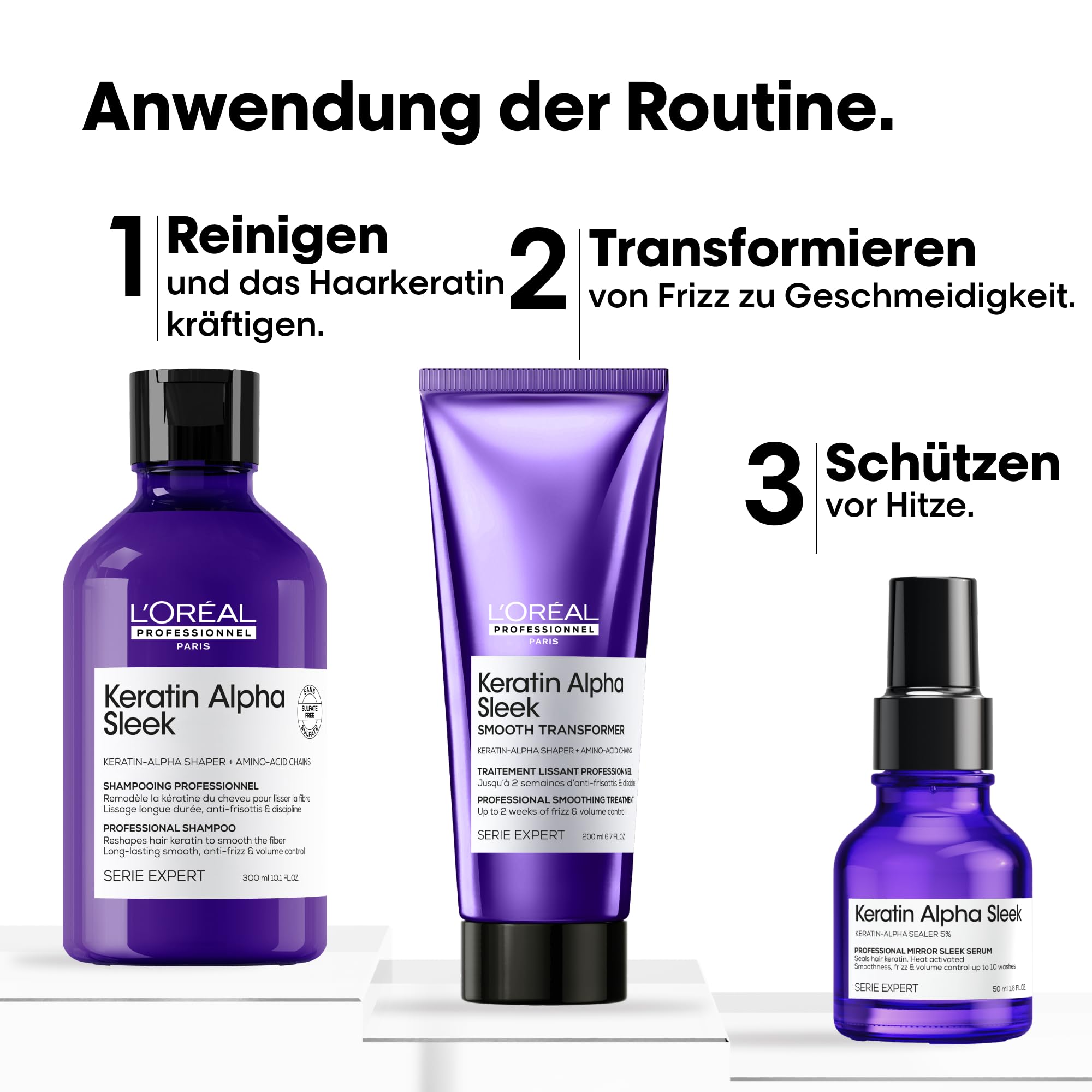 L'Oréal Professionnel Keratin Alpha Sleek Trio Set – Shampoo, Smooth Transformer & Serum gegen Frizz, für maximale Geschmeidigkeit & Glanz – Professionelles Haarpflege-Bundle