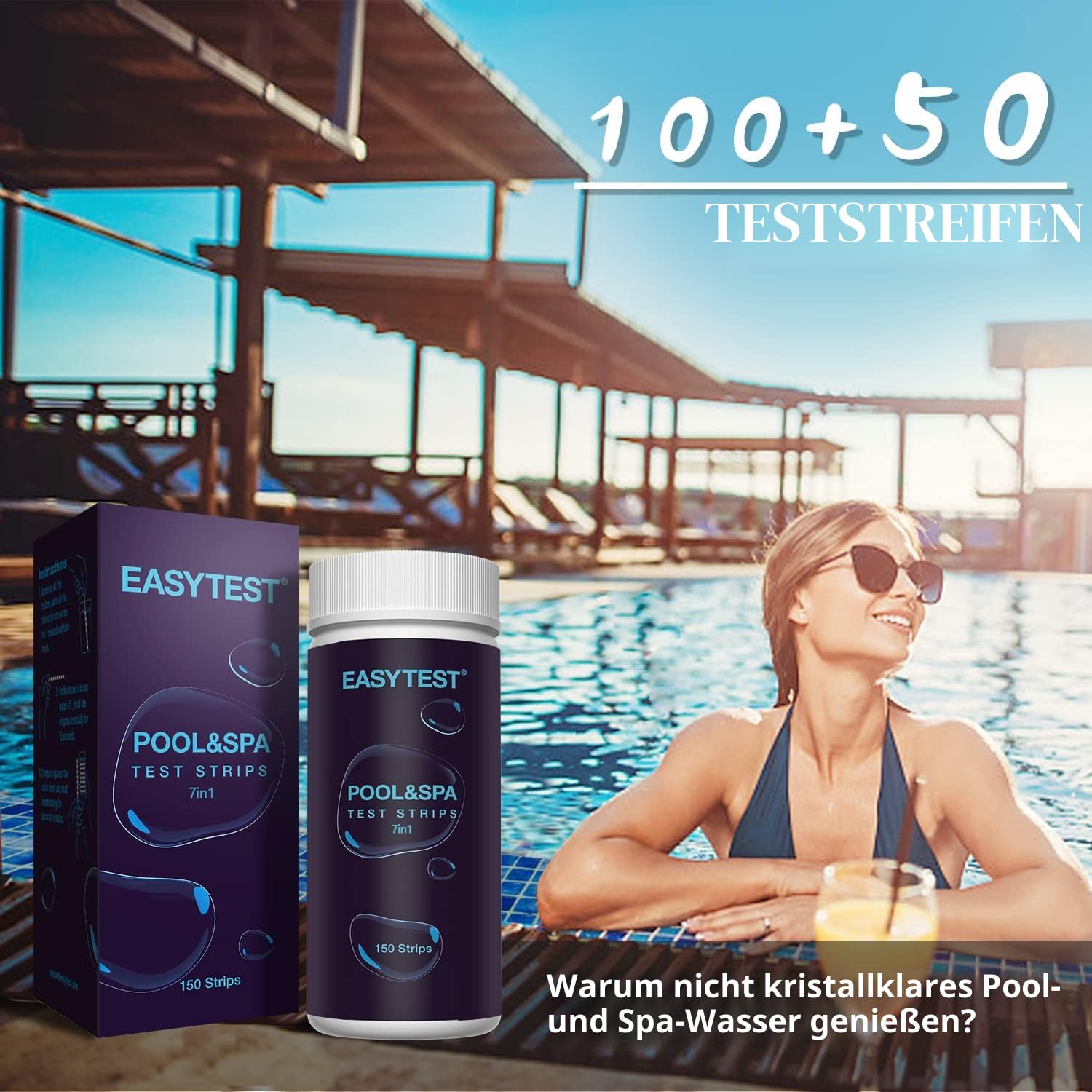 EASYTEST 7 IN 1 Pool Teststreifen für Pools und Spas - 150 - pH, Brom, Gesamtalkalinität, freies Chlor, Gesamthärte, Cyanursäure, Gesamtchlorprüfung mit schnellem und genauen Ergebnissen