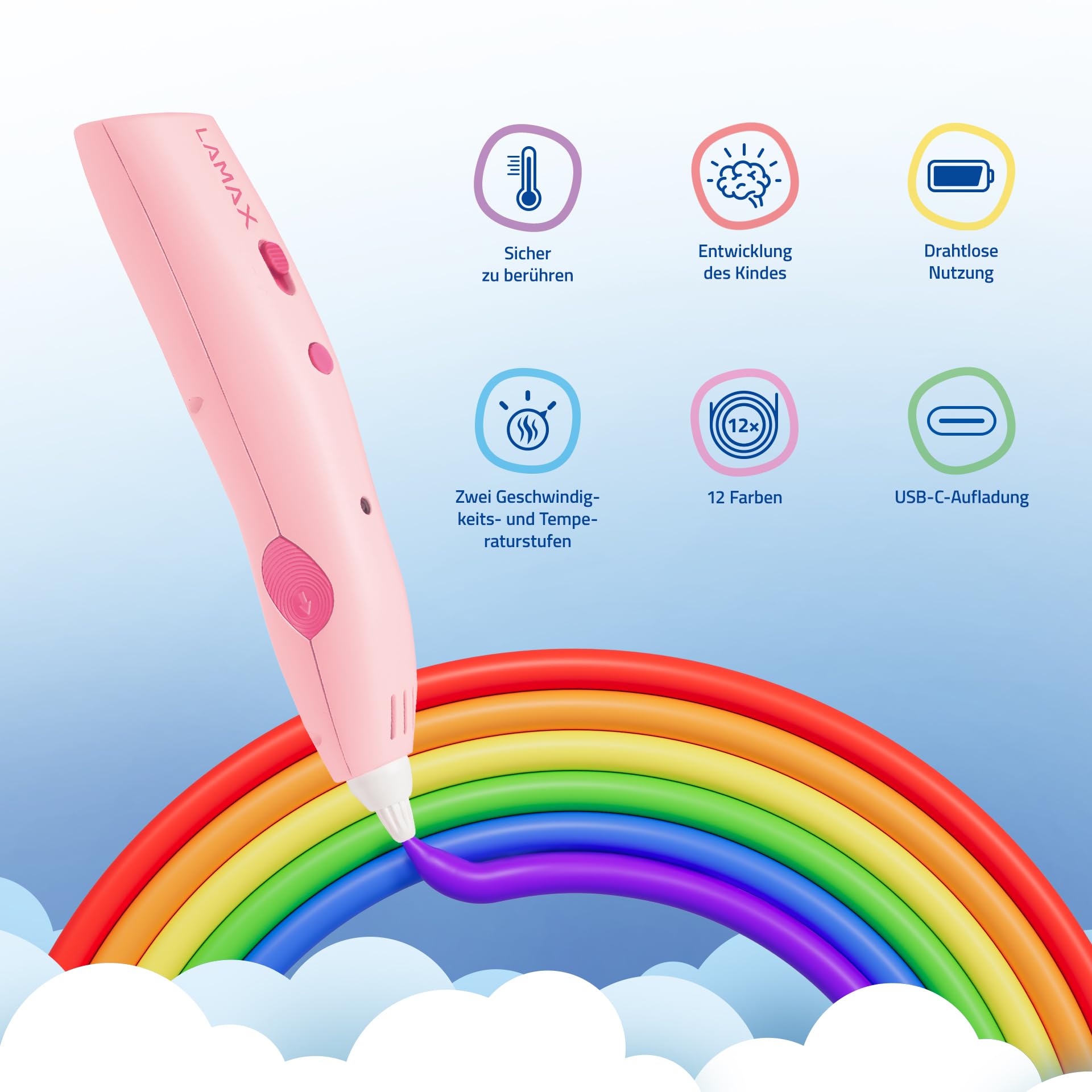 LAMAX ArtKid1 3D Stift für Kinder – kabelloser 3D-Druckstift mit TouchSafe, 37 m 12 PCL-Filamentfarben, USB-C, 2 Geschwindigkeiten, 2 Temperaturstufen, kreatives Geschenk für Mädchen & Jungen (Rosa)