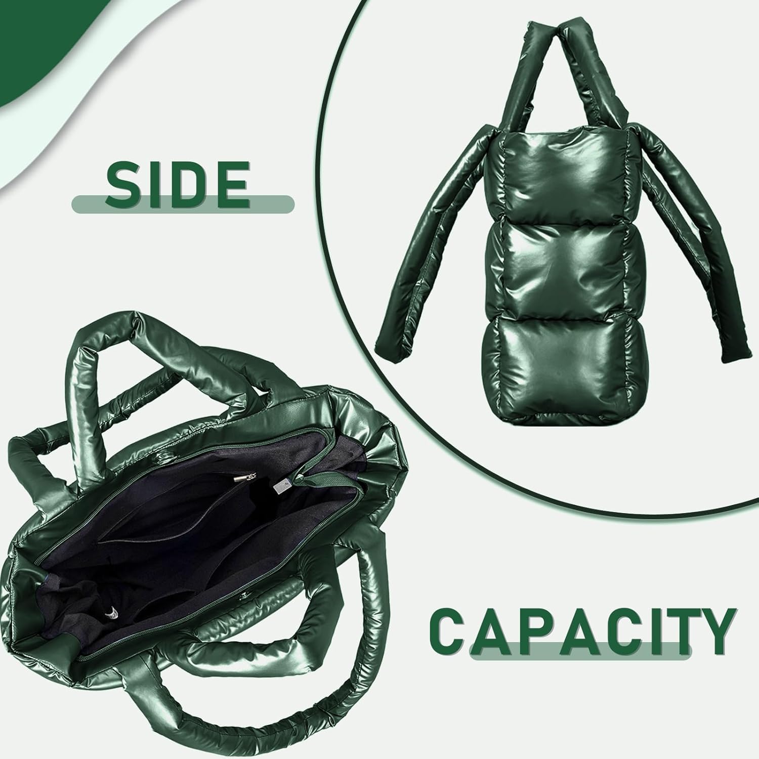 Puffer Tote Bag, Crossbody Bags for Women, Soft Lightweight Puffer Bag With Compartments, Large Quilted Tote Bag Suitable for Travel Gym Work(Green) - Image 8