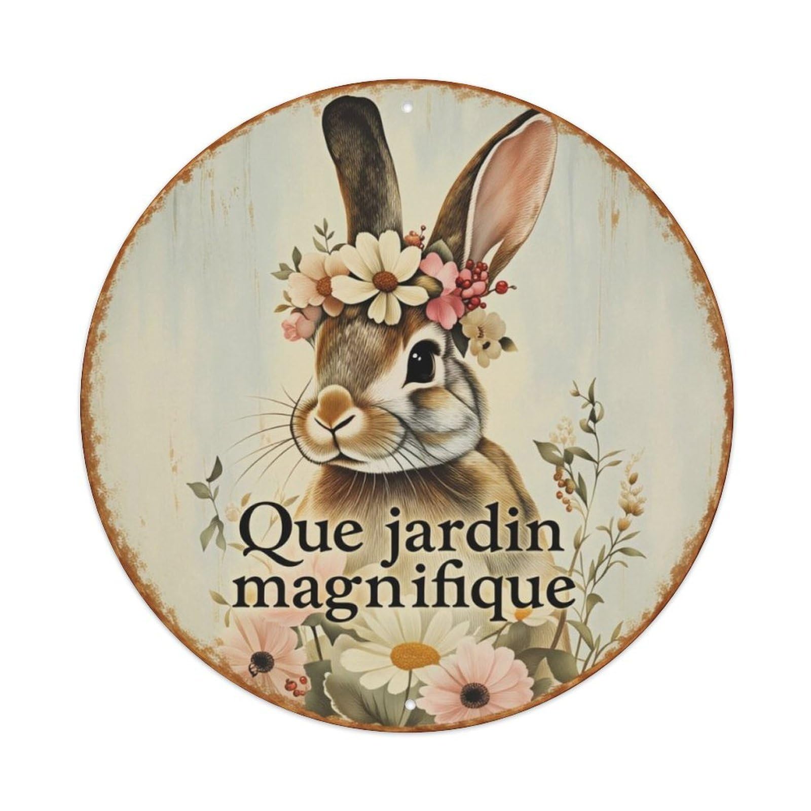Flower Wreath Rabbit French Garden Round Decor Sign Vintage Aluminium Metal Sign, Retro Wall Decor for Home, Bar, Garage & Farmhouse 20x20cm