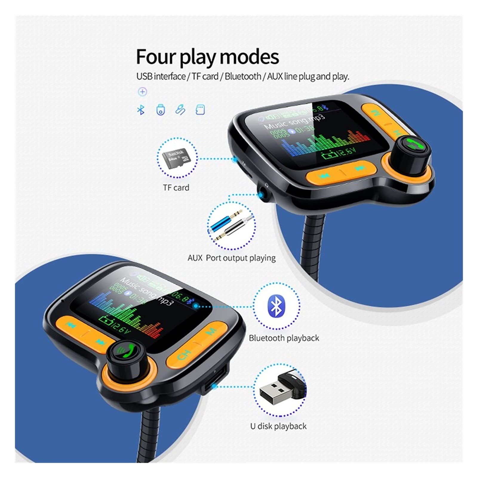 Adattatore Audio Bluetooth. 1,77 Pollici TFT. Schermo Car FM Trasmettitore Bluetooth 5.0 Modulatore Aux Car MP3 Music Player Player HandsFree QC3.0. Caricatore rapido Dual. USB