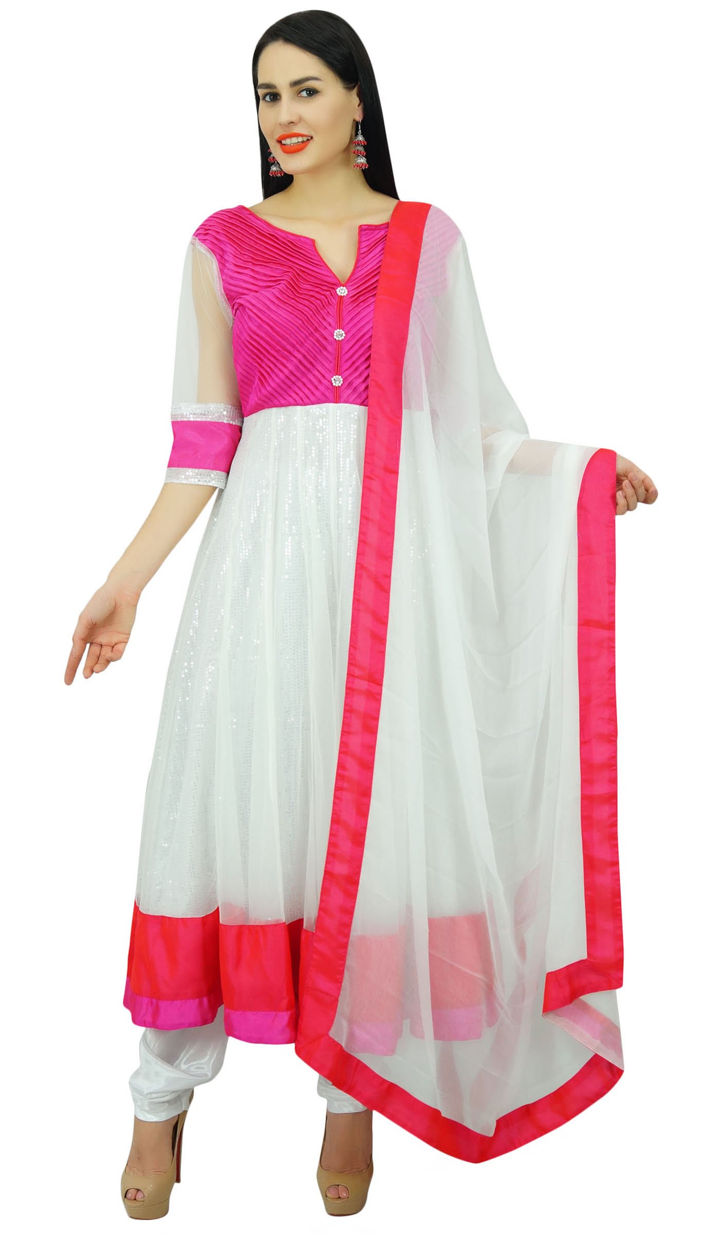Atasi Womens White Anarkali Salwaar Suit with Dupatta Chic Indian Ethnic Dress