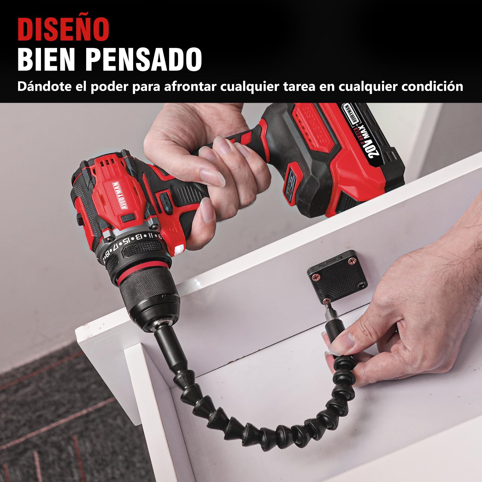 Taladro inalámbrico Alloyman 20V MAX, motor brushless, 1800 RPM, torque máximo 60 Nm, mandril metálico sin llave 3/8", 21+1 niveles de torque, para hormigón, metal y madera
