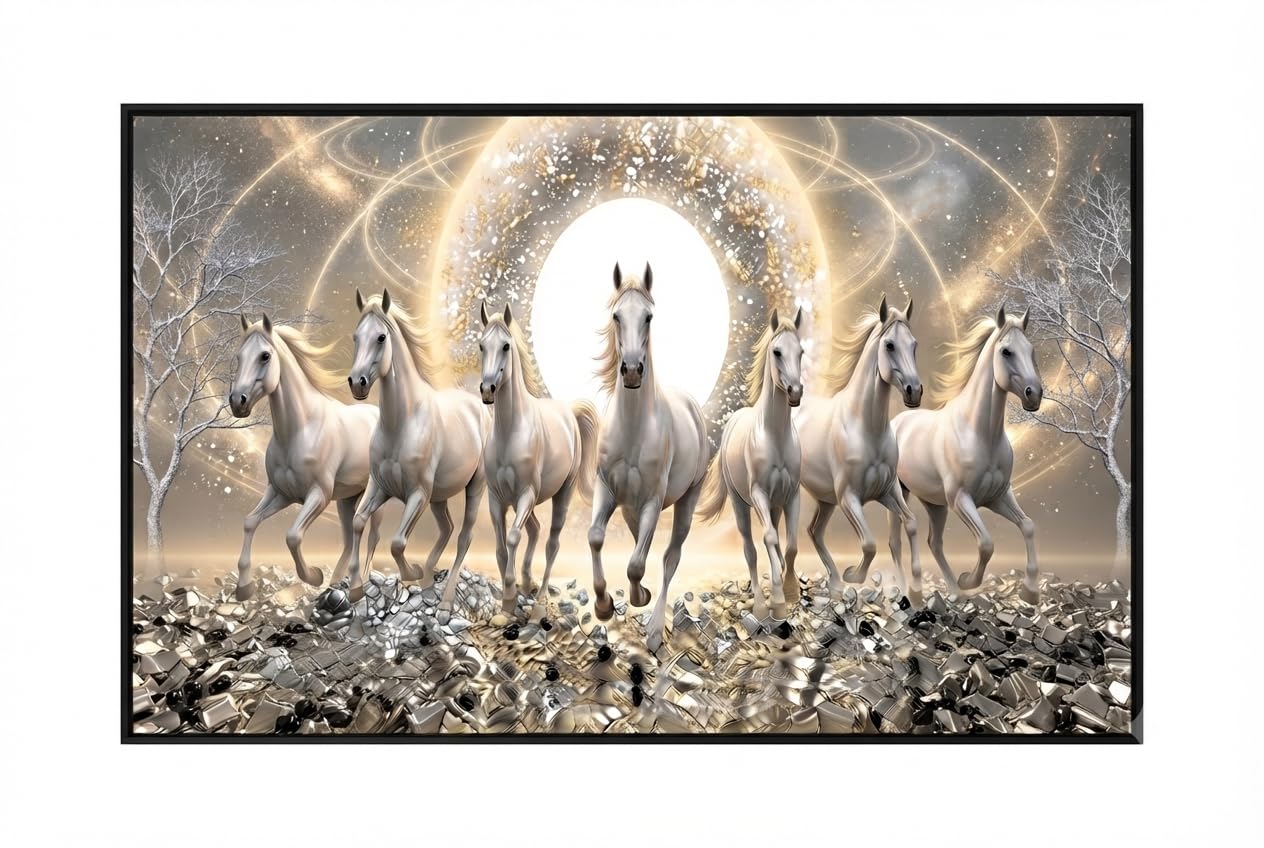 7shark Vastu 7 Horse Photo Frame with Pyrite and Black Obsidian Stone for Success & Fame, Money Magnet Yantra, compelte positive Energy solution size 12x18 inch | Wall Decor | Ideal Gift-image-5