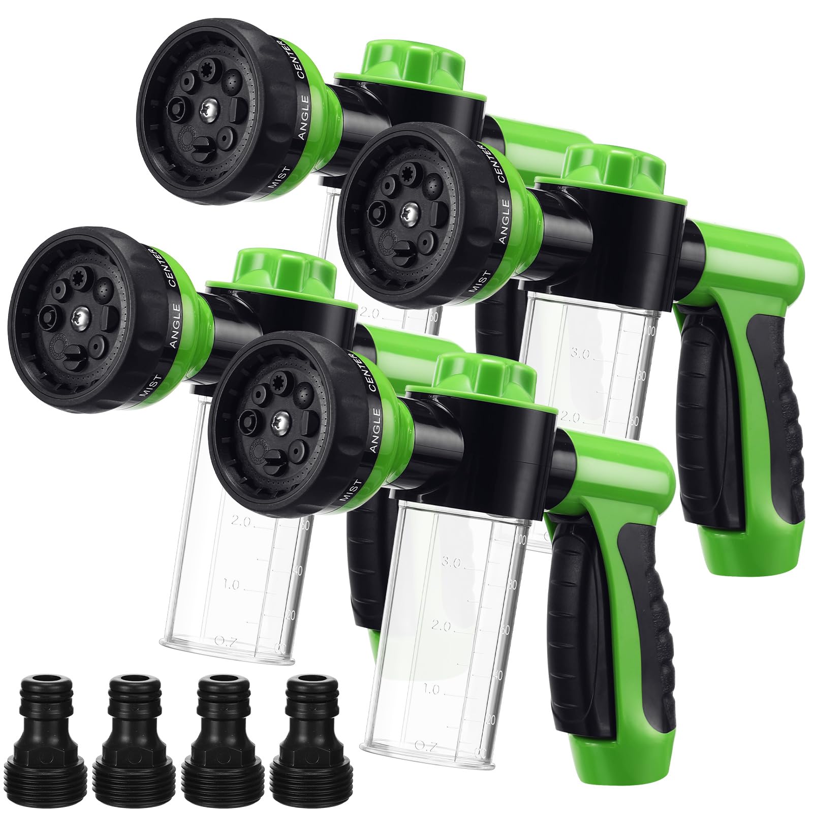 Sunnychicc 4 Pcs Garden Hose Nozzle Sprayer Bulk Dog Wash High Pressure Spray Gun Nozzle with 3.5oz Soap Dispenser 8 Watering Pattern for Pet Bathing, Watering Plants, Lawn, Patio, Cleaning
