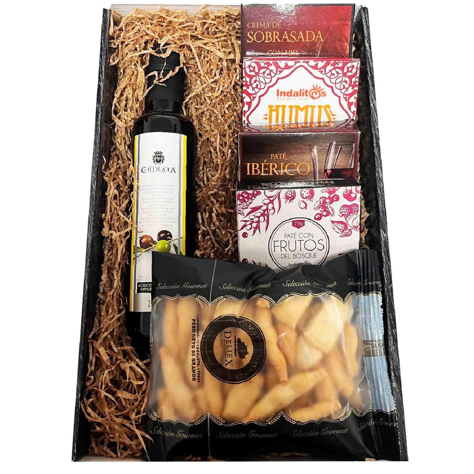Deliex Cesta regalo con aceite o vino, patés y picos gourmet, elige la caja para regalar que más te guste con o sin alcohol, un regalo original para cualquier cumplido. (Caja con aceite)