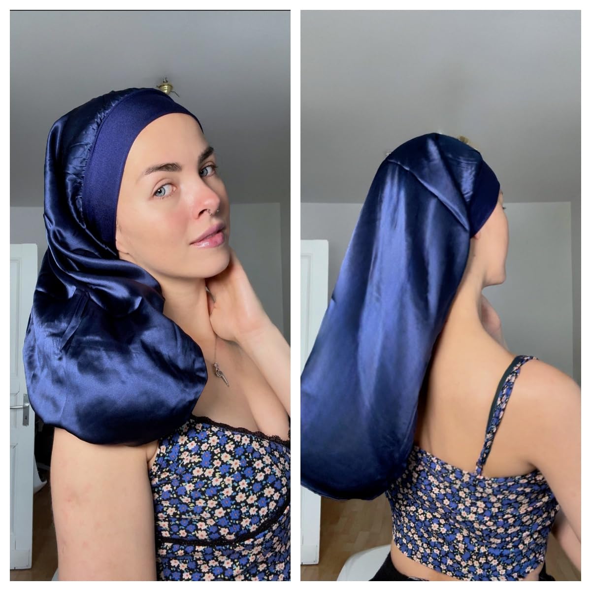 Gorro Seda Dormir Protege el Cabello, Adecuado para Cabello Largo Que llega hasta la Cintura 32×60cm (1 Unidad, Gris Elegante)