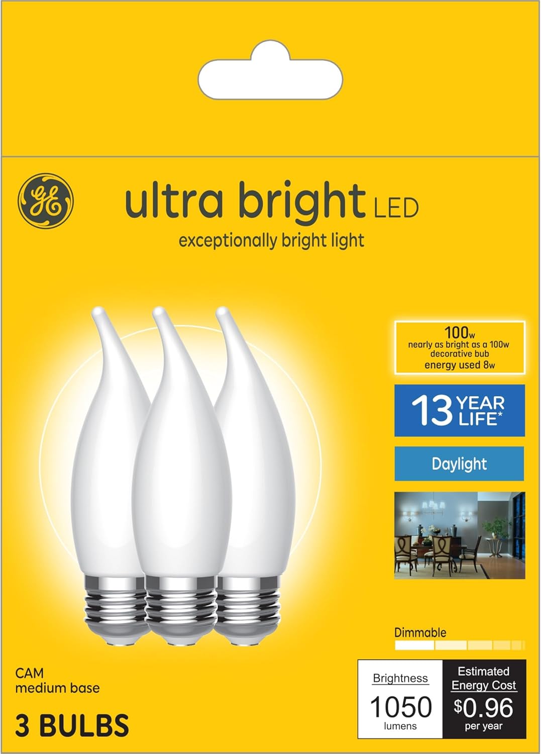 GE Ultra Bright LED Light Bulbs, 100W, Daylight Candle Lights, Frosted Decorative CA12 Light Bulbs, Medium Base (3 Pack)