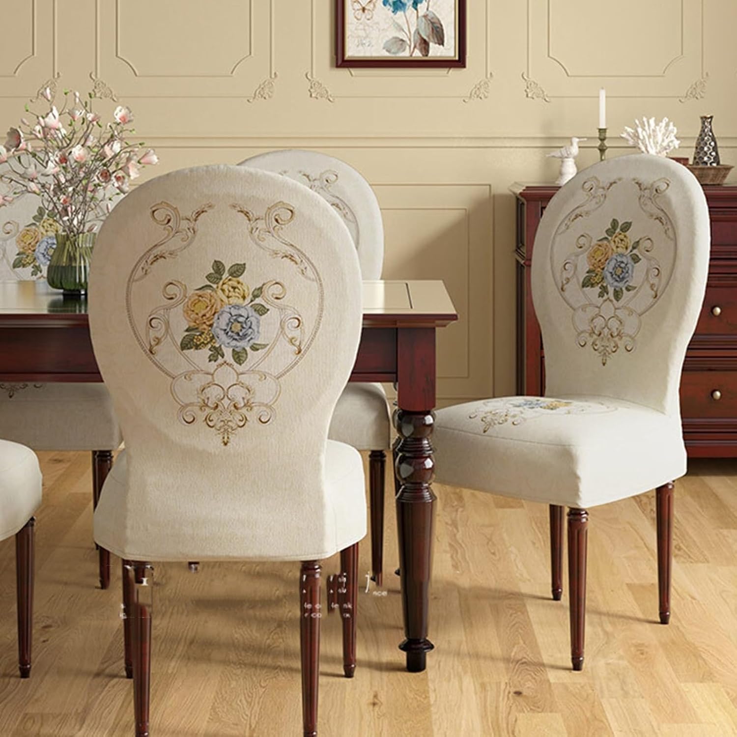 Round Back Dining Chair Slipcovers,Dining Chairs Slipcovers With Round Back，French Country Dining Chairs Cover Set Of 2/4, Vintage Chairs Cover With Curved Backrest For Dining Room Banquet Home Decor(