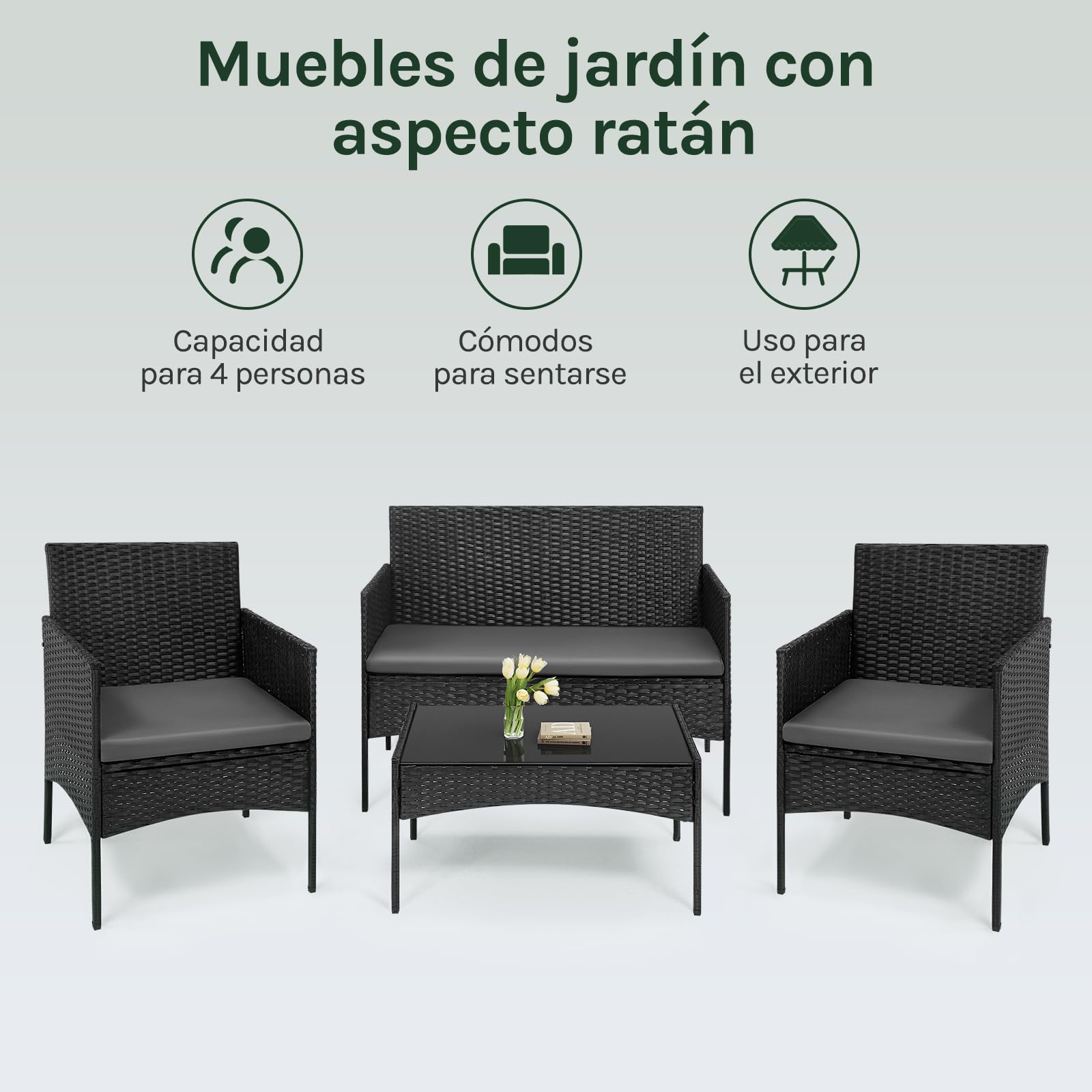 WOLTU Muebles de Jardín, 1 Mesa de Jardín, 1 Sofá y 2 Sillones con Cojines, Conjunto de Terraza y Patio, Mesa y Sillas de Exteriores, Terraza, Balcón, Aspecto Ratán, Gris