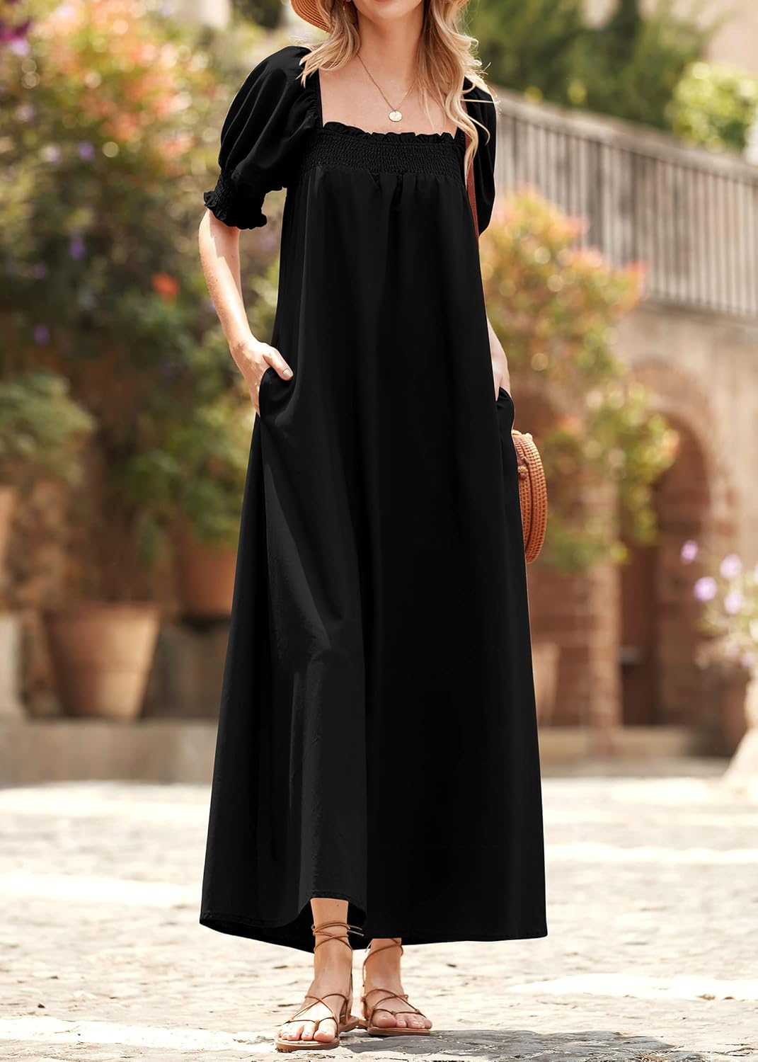 KIRUNDO Women 2026 Summer Maxi Dress Casual Loose Puff Sleeve Square Neck Maternity Flowy Long Beach Dresses with Pockets