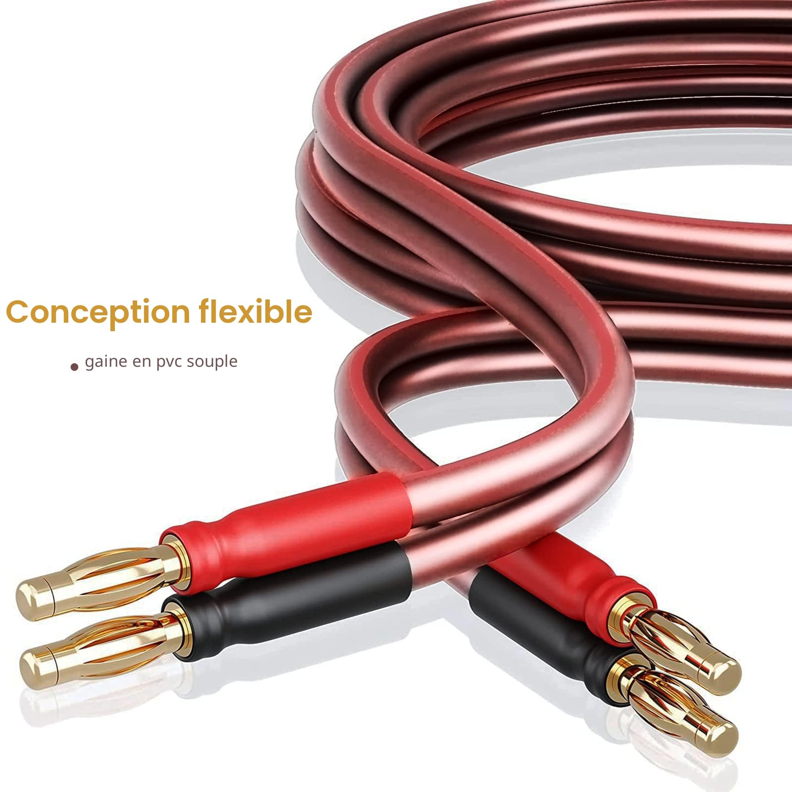 LONPOO Câble d'enceinte HiFi en Cuivre Pur avec Connecteurs Banane Plaqués or, 14 AWG, 2 m LP42 Passive Haut-parleur (paire)
