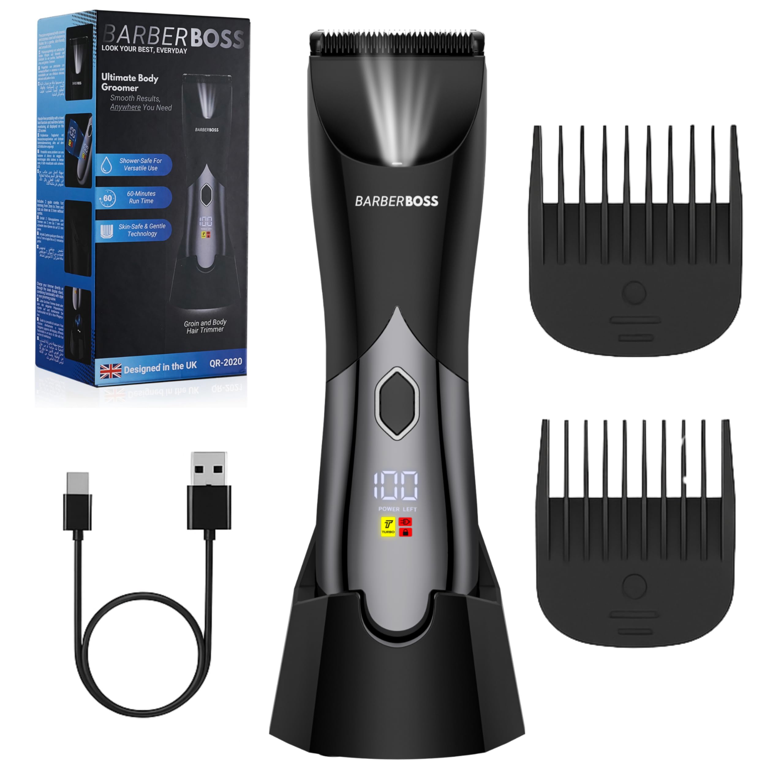 BarberBoss Men’s Body Groomer, Intimate Shavers Men, Cordless Groin Trimmer, Full-Body Hair Shaver with Adjustable Lengths, Waterproof Design, Electric Intimate Trimmer for Men