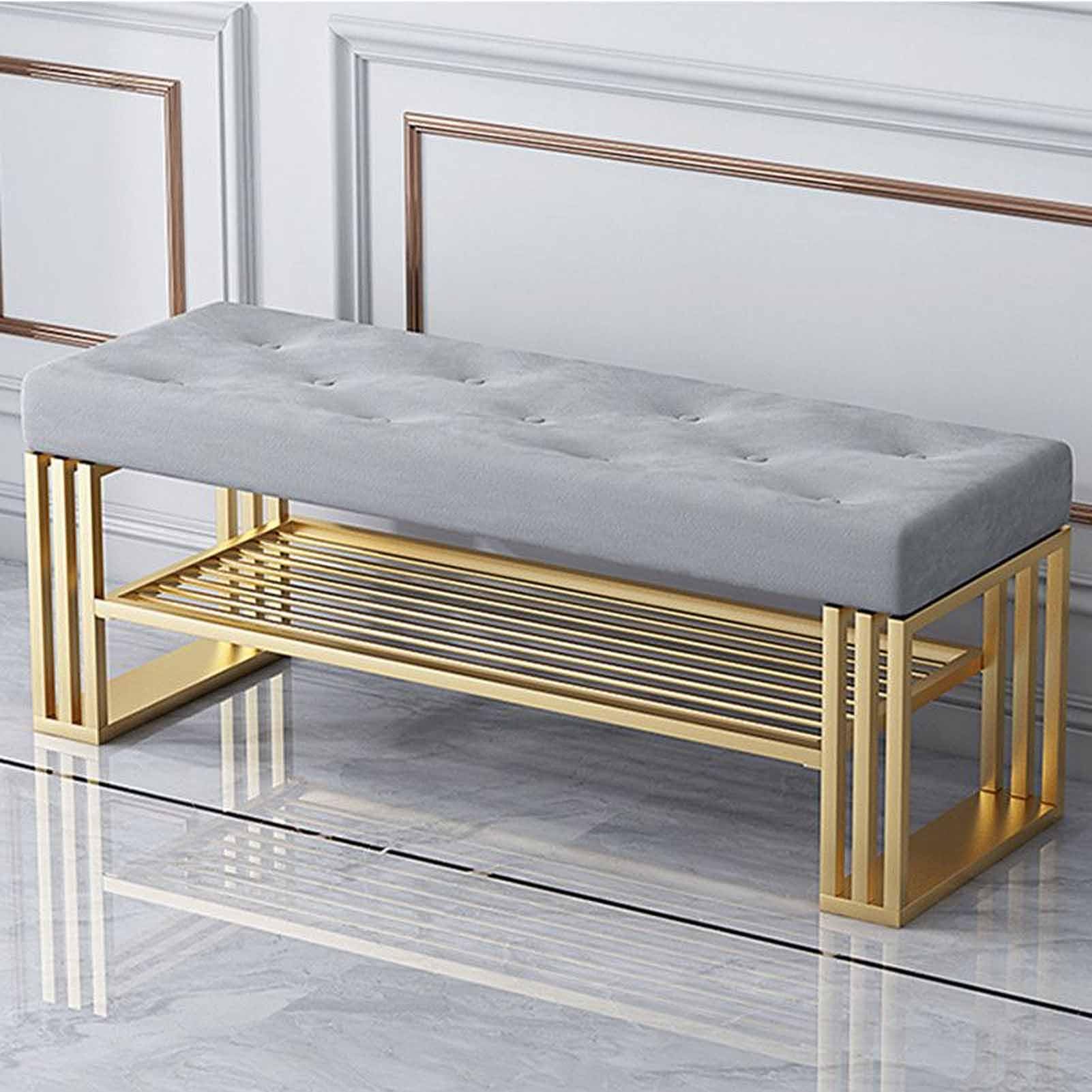 SXZenSpace Shoe Rack Bench with Velvet Cushion, 2 Tier Metal Rack, Entryway for Hallway, Mudroom