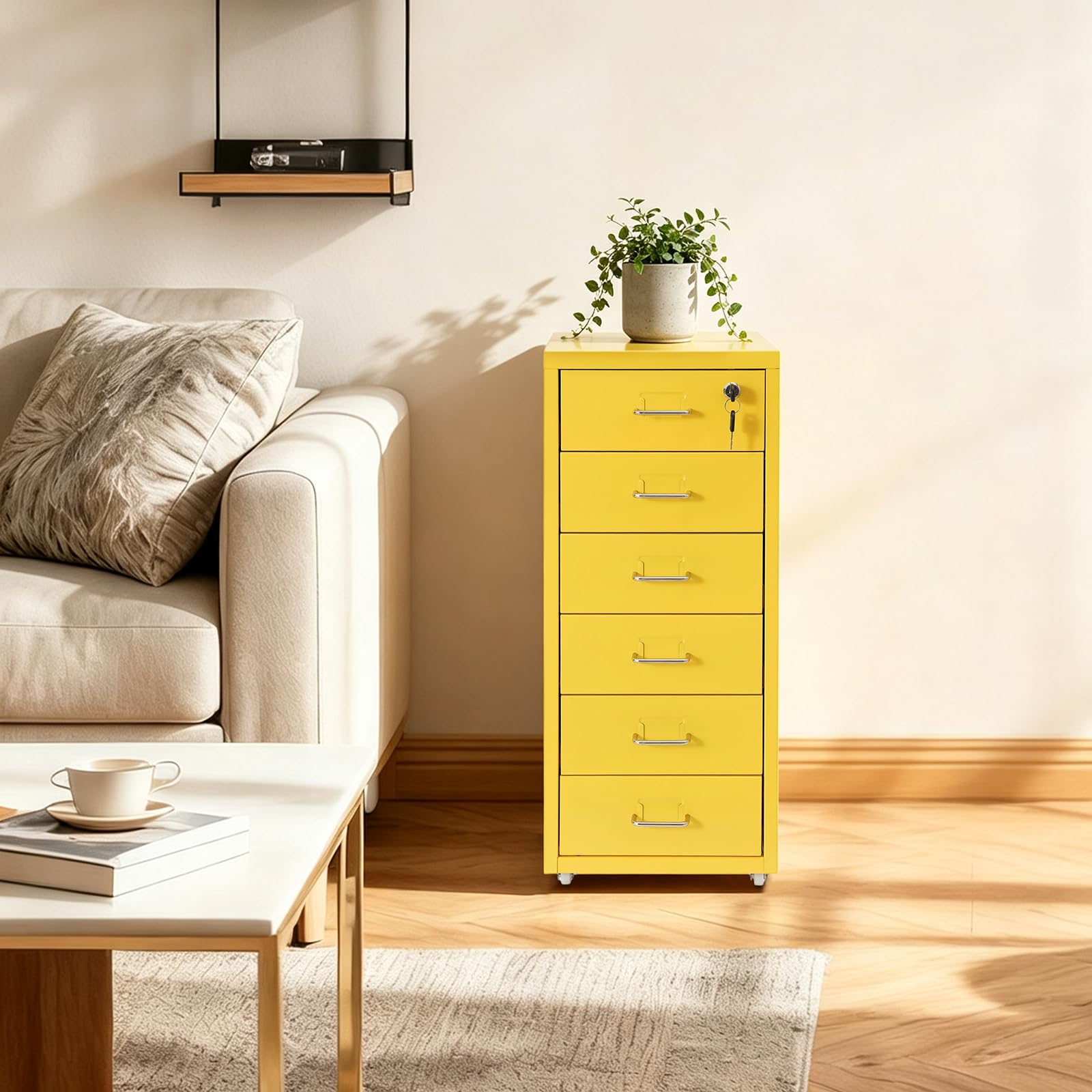 Armadietto mobile con 6 cassetti, con serratura, per ufficio | Contenitore da ufficio in acciaio, 8-10 kg per scomparto, per casa, ufficio, 28 x 41 x 69 cm, giallo