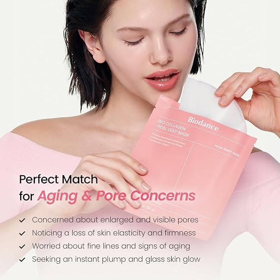 قناع BIODANCE Bio-Collagen Real Deep، قناع الوجه الهيدروجيل المرطب طوال الليل، تقليل المسام، المرونة، الامتلاء، أساسيات السفر وهدايا العناية الذاتية للنساء، العناية بالبشرة الكورية | 1.19oz(34g) x 4ea