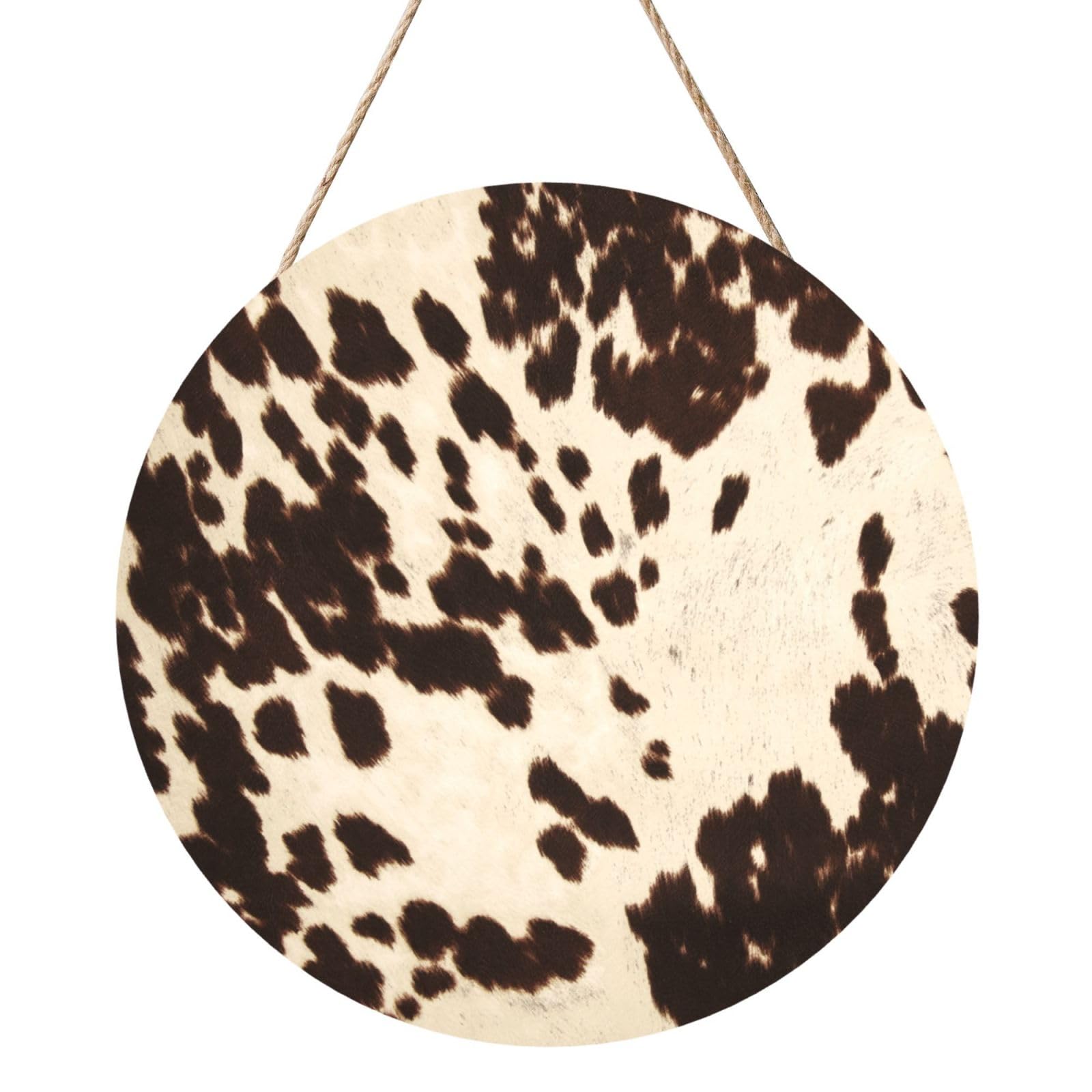 InOmak Brown Cowhide Printed, Round Wood Panel Painting 12 in, Wall Hanging Painting For Home