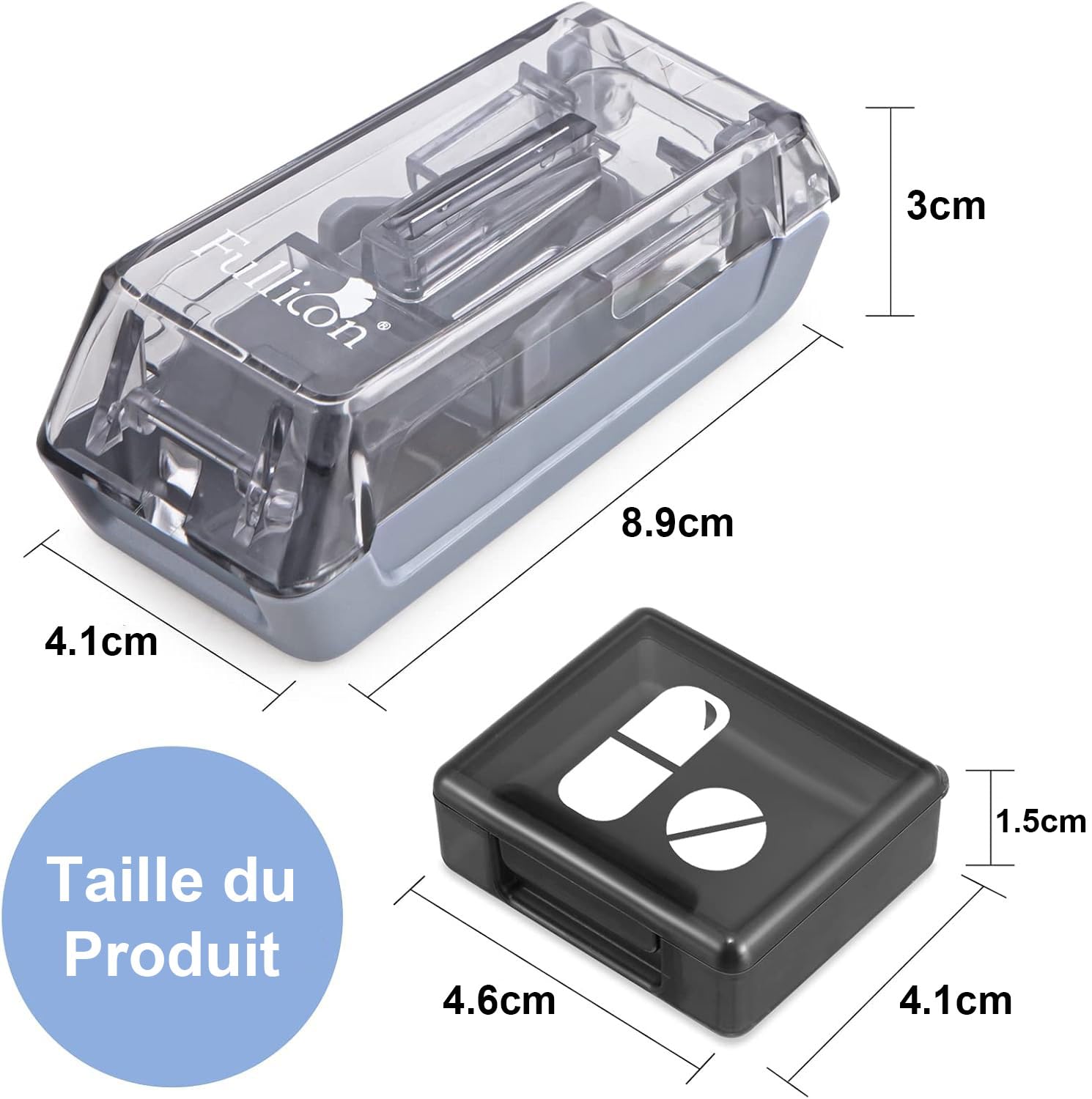 Fullicon Coupe-Comprimés avec 7 Supports en Silicone, Coupe-Comprimés pour Petits Comprimés avec Alignement Précis, Lame en Acier Inoxydable & Protection de Lame 2 Boîtes à Pilules Offertes (Gris)
