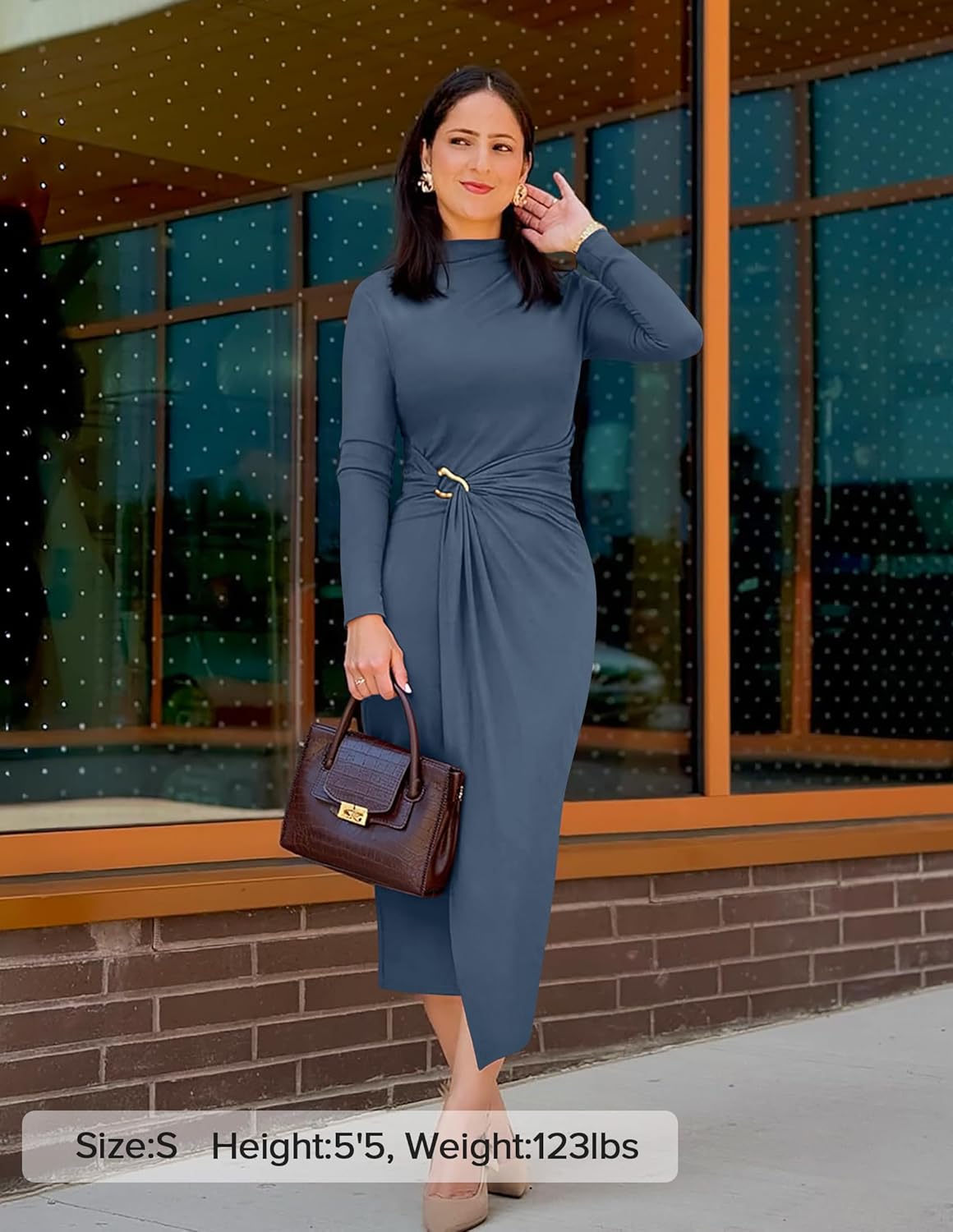 ZESICA Women's 2026 Spring Long Sleeve Bodycon Dress Mock Neck Wedding Guest Cocktail Party Long Midi Dresses - Image 8